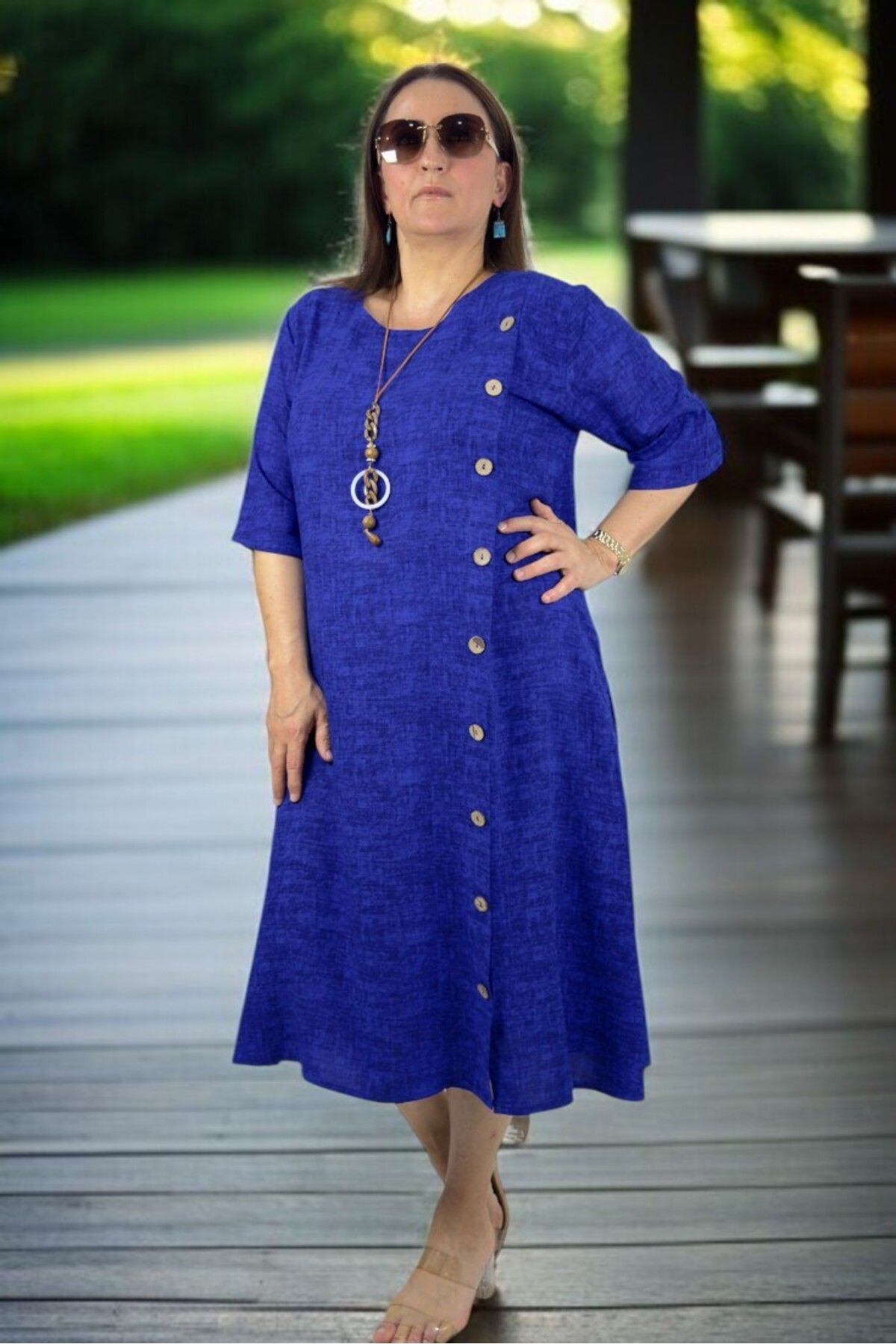 yagmurberen-Side Boydan Wood Button Detail Brieve Sleeve with Pocket Intermediate Length Plus Size Cotton Viscose Dress 4