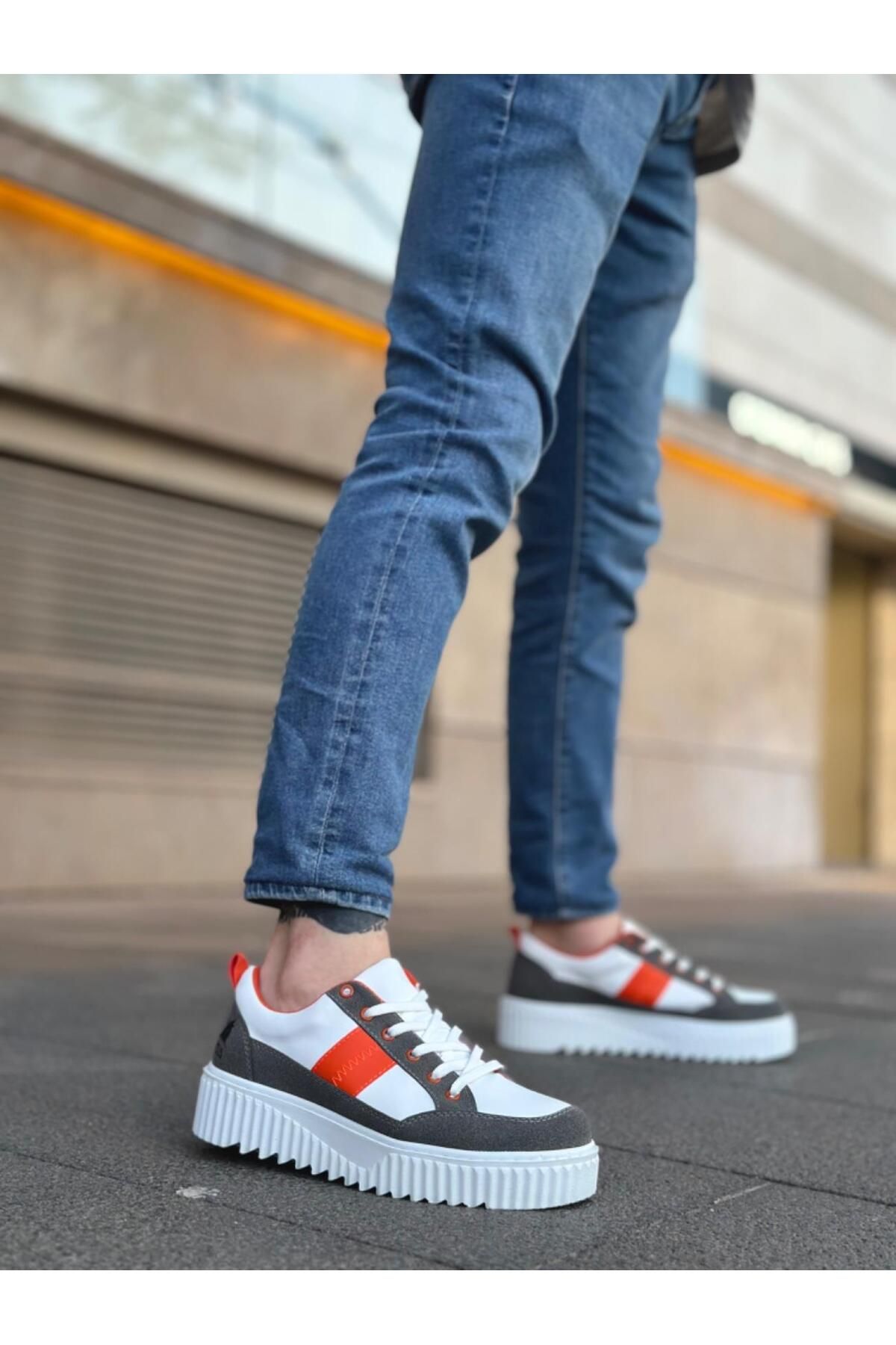 Byshoes BA0804 BOA Yüksek Beyaz Taban Turuncu Detaylı Bağcıklı Erkek Ayakkabı
