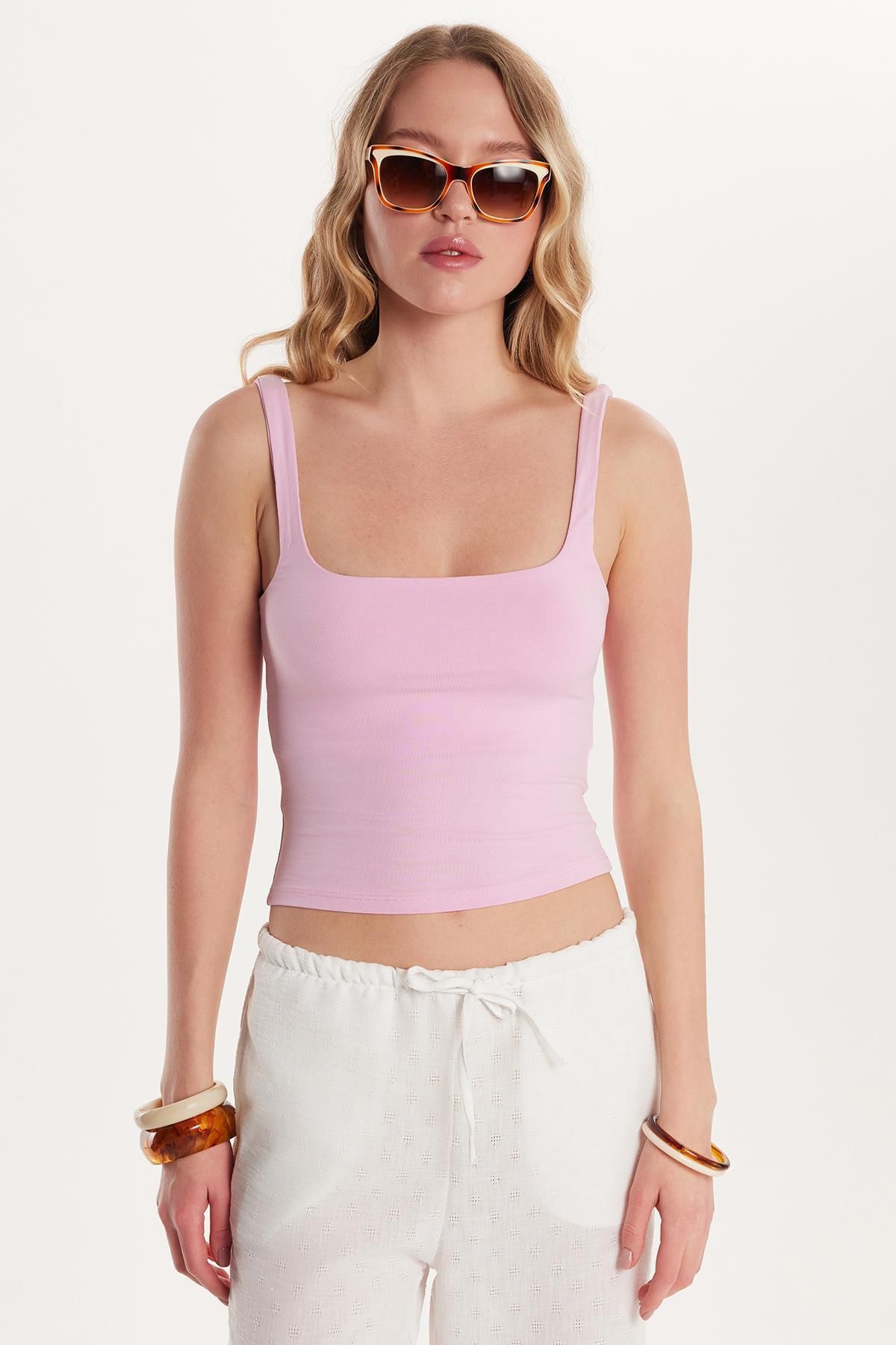 Tudors Kadın Slim Fit Dar Kesim İnce Askılı Kare Yaka Pembe Atlet