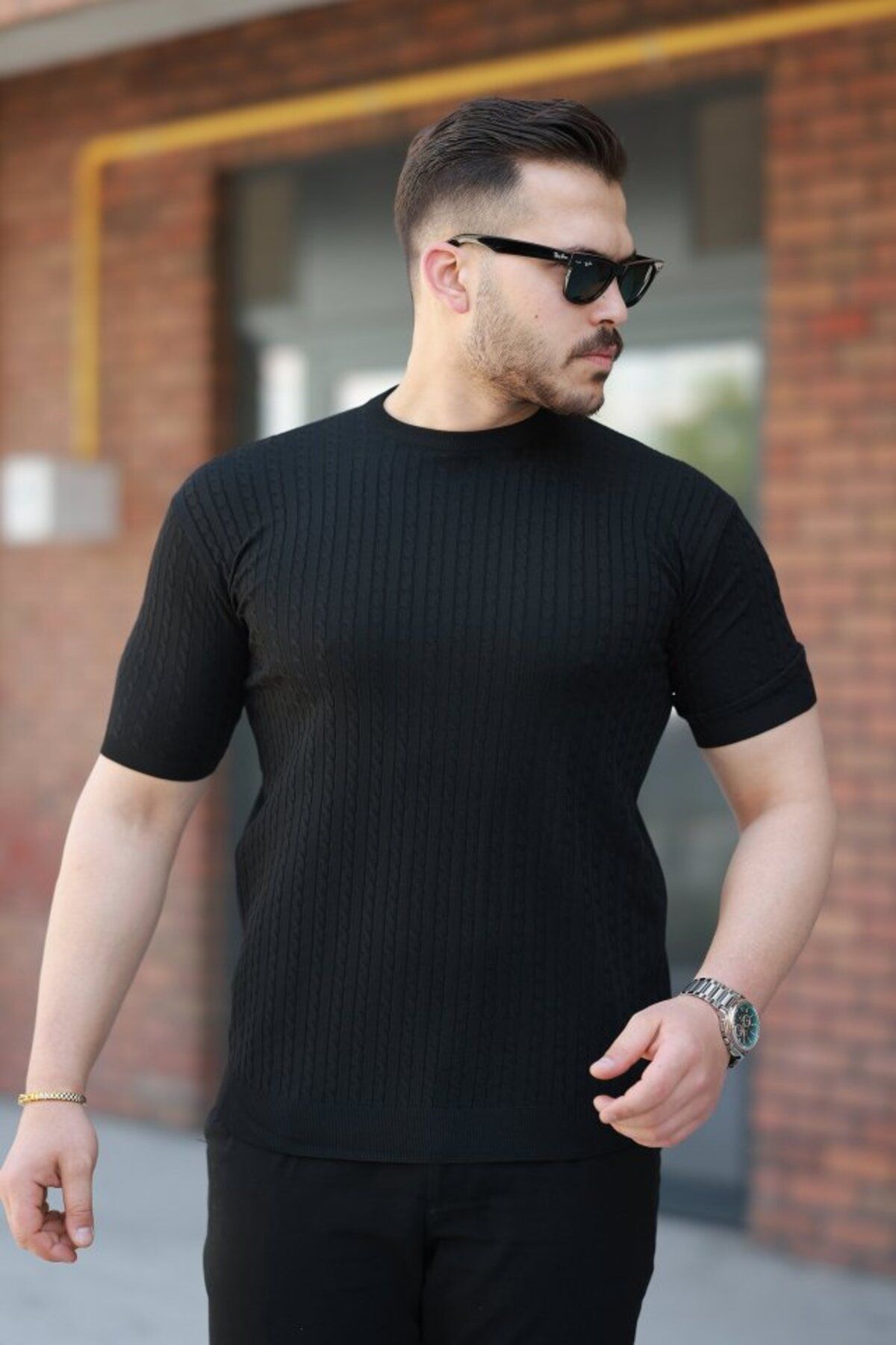Moka Shopin MokaShopin Erkek Bisiklet Yaka örgü Desenli Kısa örme Triko Kısa Kollu T-shirt