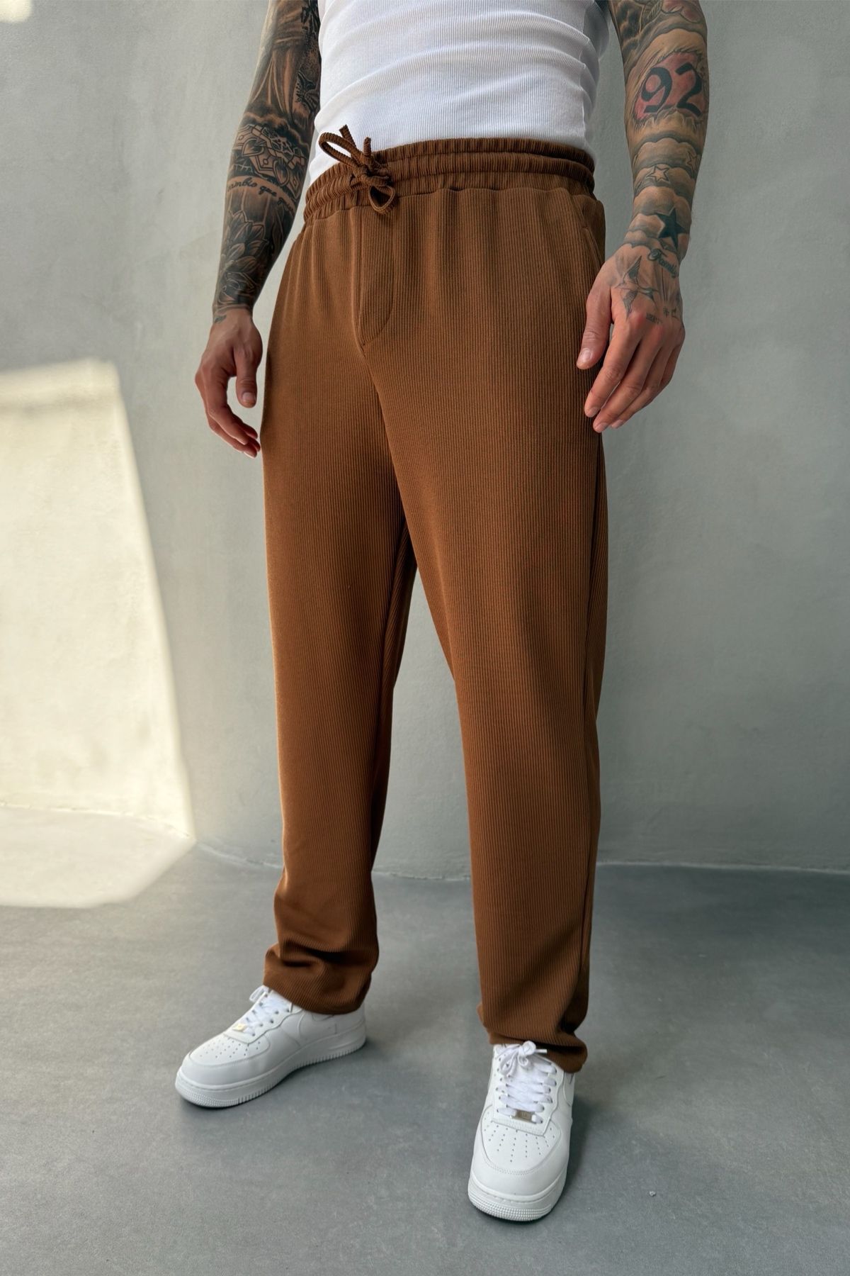 MADZEYMODA Baggy Bol Kalıp Likralı Erkek Fitilli Kahverengi Jogger KE-5071