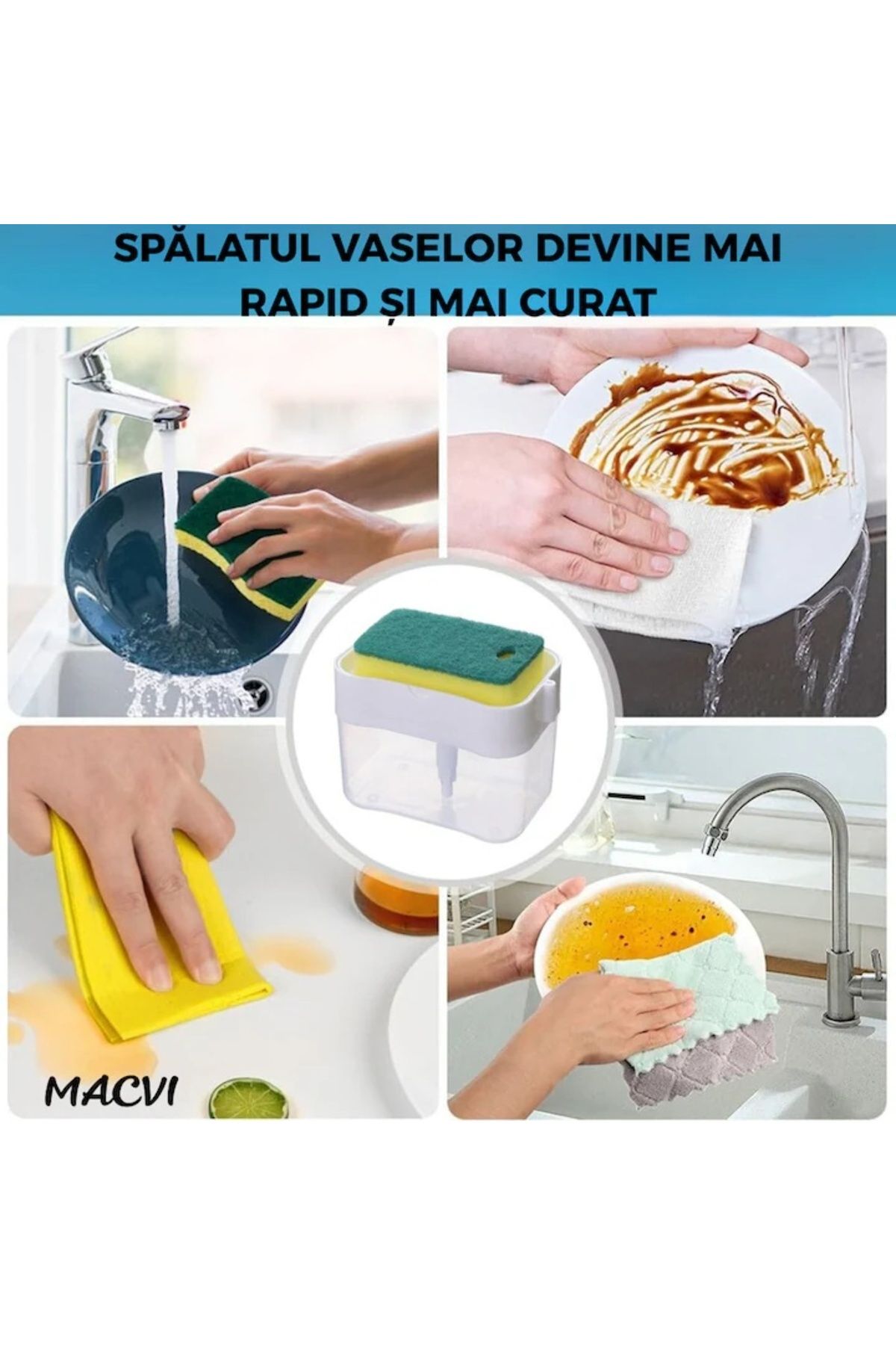 MACVI-Macvi® detergent dispenser 380 ml, sponge holder, push-button operation, detergent saving 3