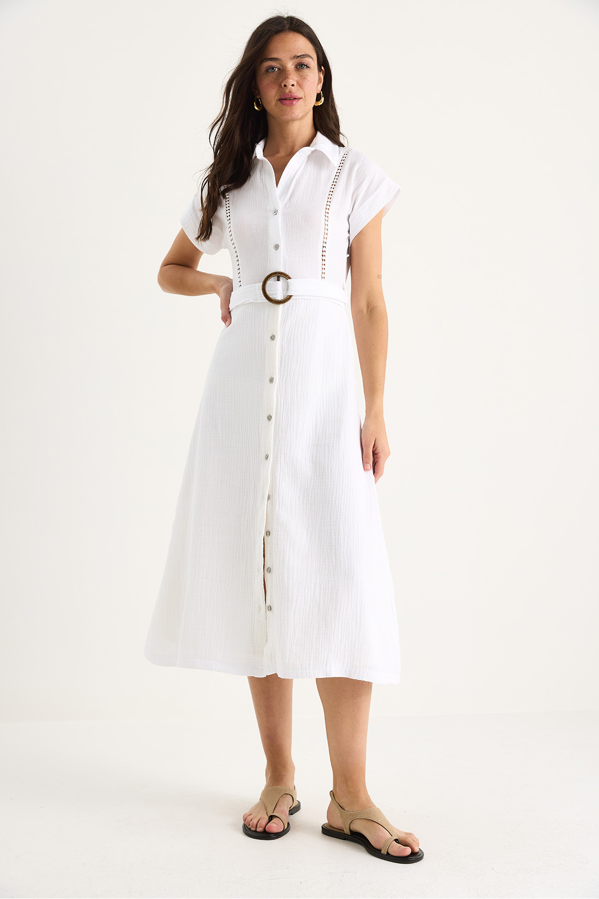 LUCCI Textured Cotton Midi Dress with Shirt Collar 2