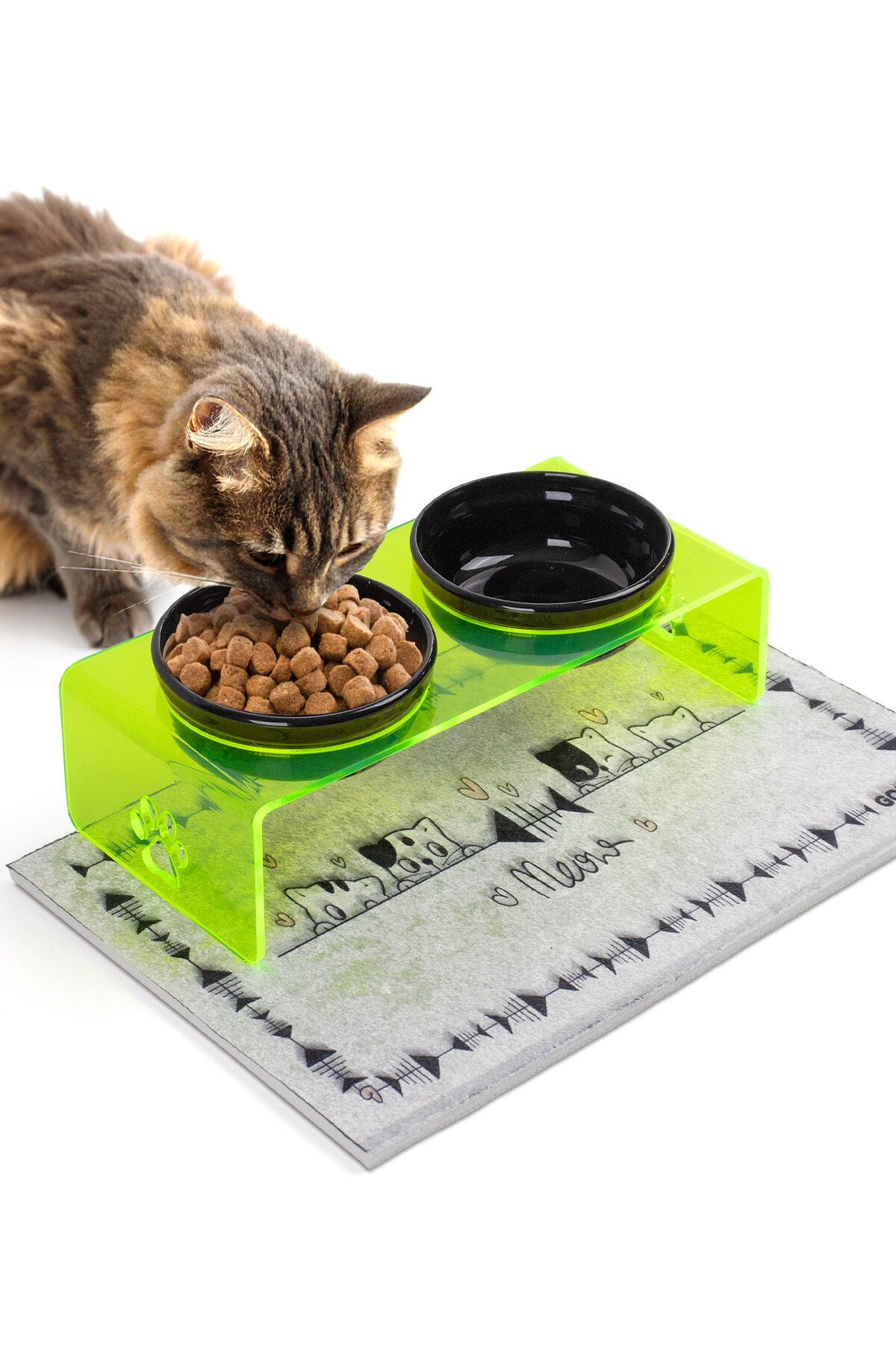 GOBYPET 2'li Yeşil Pleksi Dekoratif Kedi Ve Köpek Seramik Mama & Su Kabı Paspas Hediye