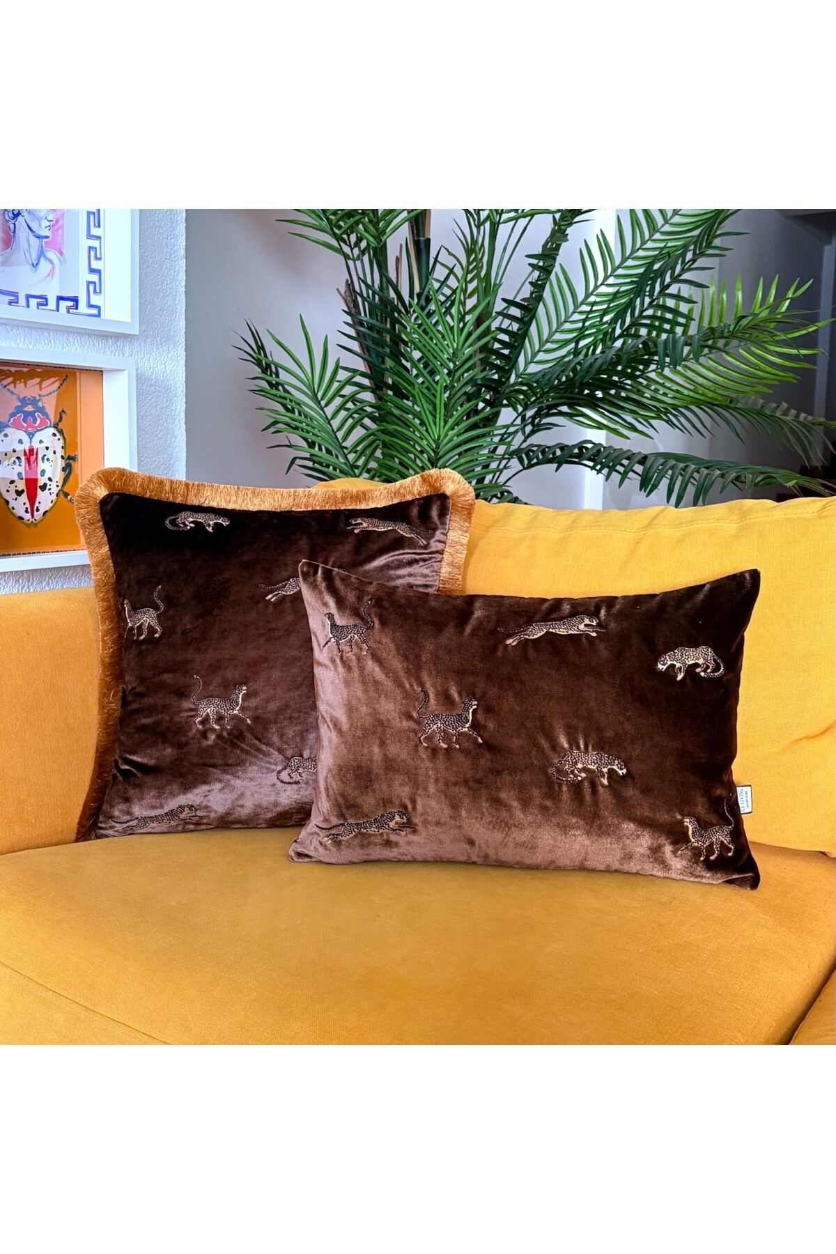 ge living Dekoratif Leopar Desenli Kahverengi Kadife Kırlent Kılıfı 35 x 50 cm