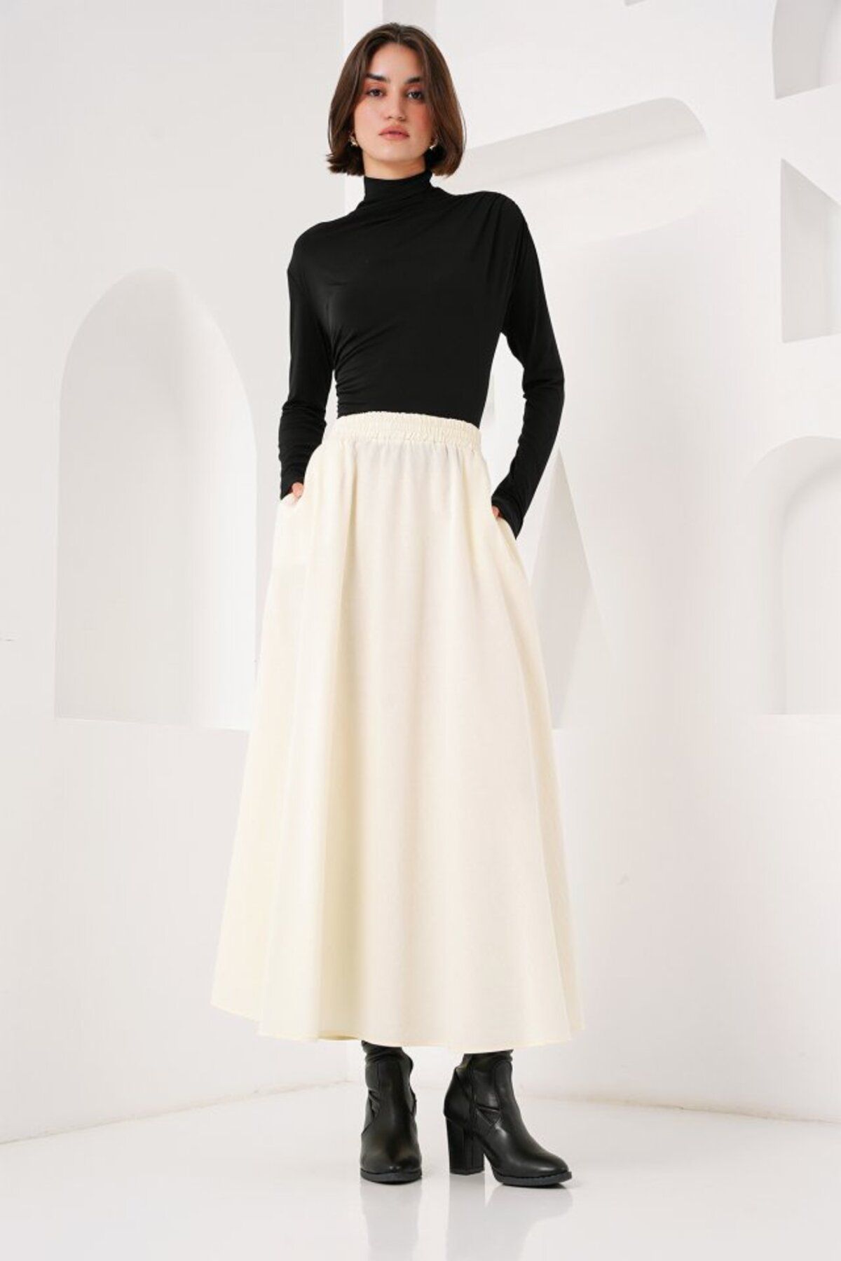 Kokosh moda Cep Detaylı Uzun Etek 8024 - Krem