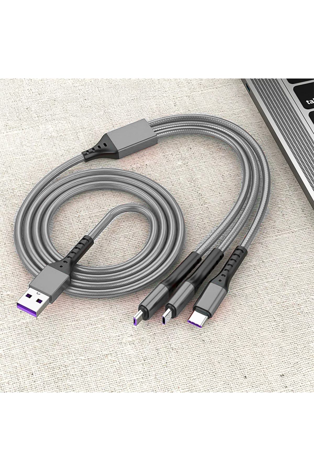 nelerbulurum 3IN1 GÜMÜŞ 1.2 METRE (MICRO USB - LIGHTNING - TYPE C) TELEFON ŞARJ KABLOSU