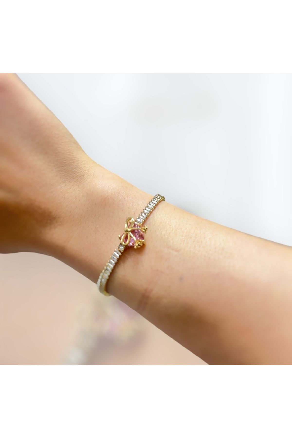 Vitastyle Gold Su Yolu Pembe Kalp Fiyonk Baget Çelik Bileklik