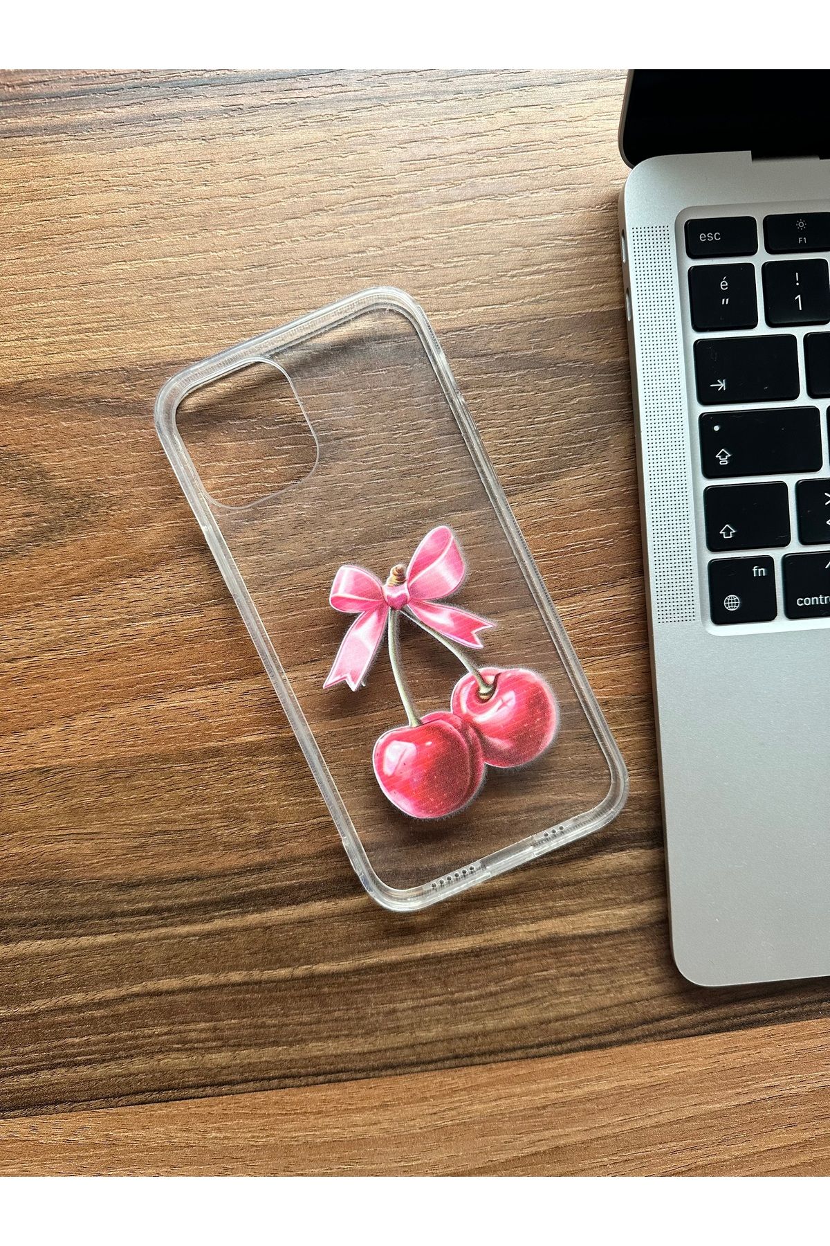 Mobildizayn iPhone 8 Uyumlu Kurdeleli Kiraz Desenli Şeffaf Telefon Kılıfı