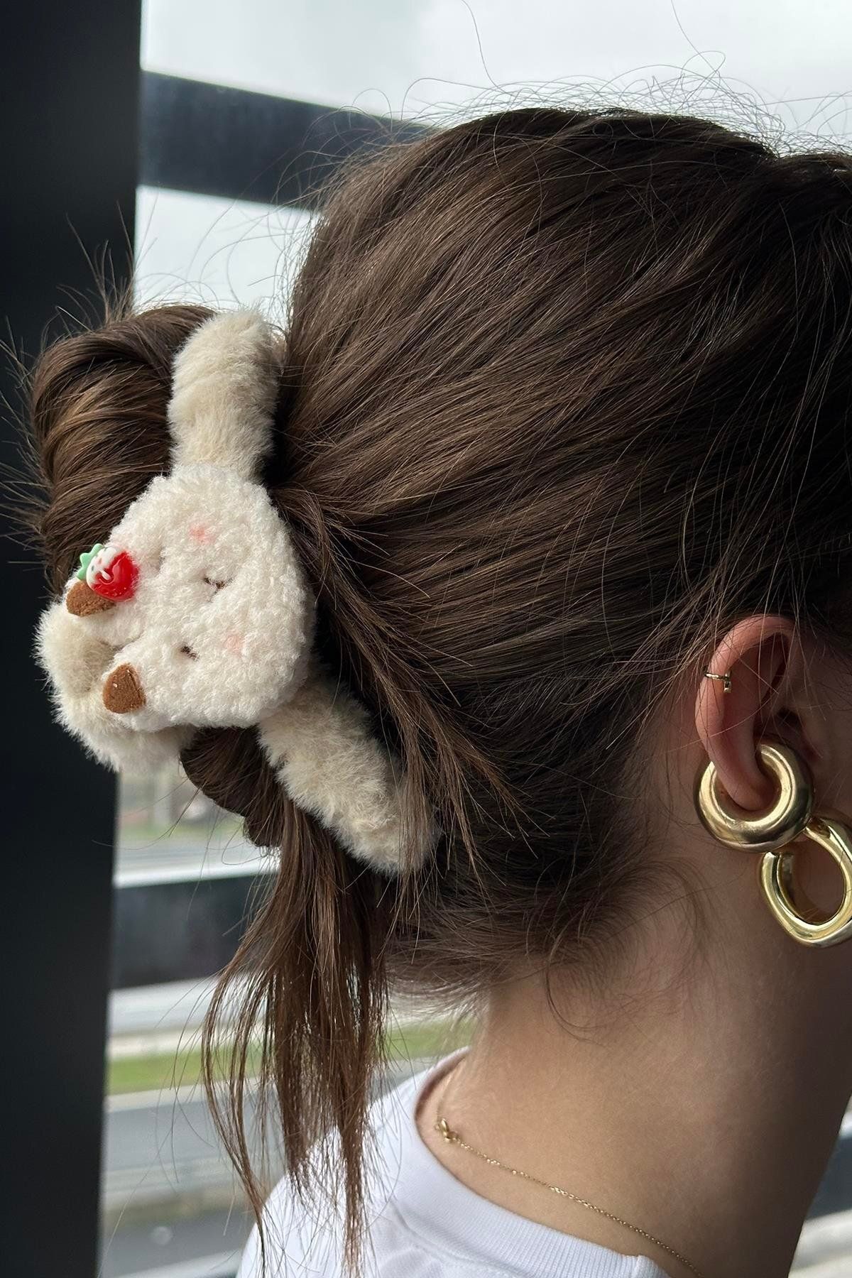 TAKIŞTIR Krem Renk Ayıcık Figürlü Peluş Mandal Toka