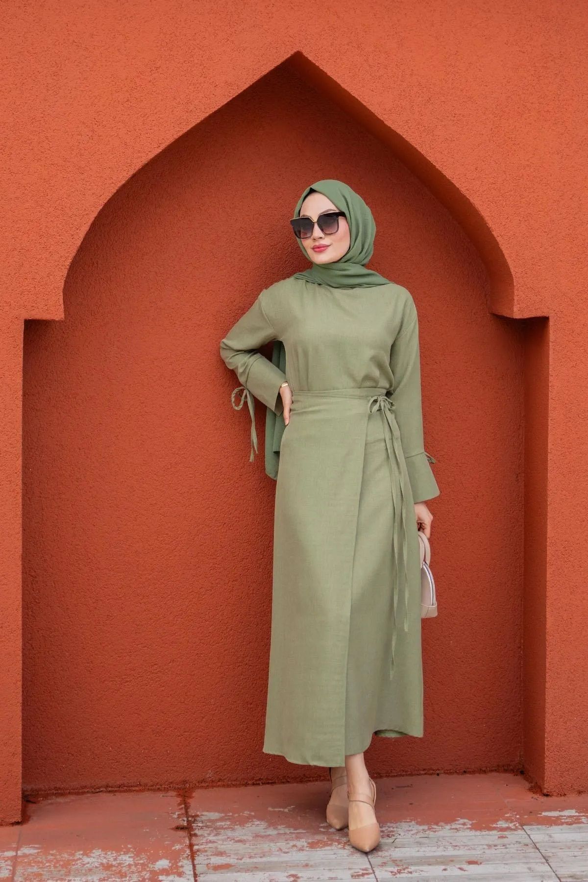 Trendy Butik Kadın Trendy Butik Anvelop Bağlamalı Etek Bluz Takım-Haki