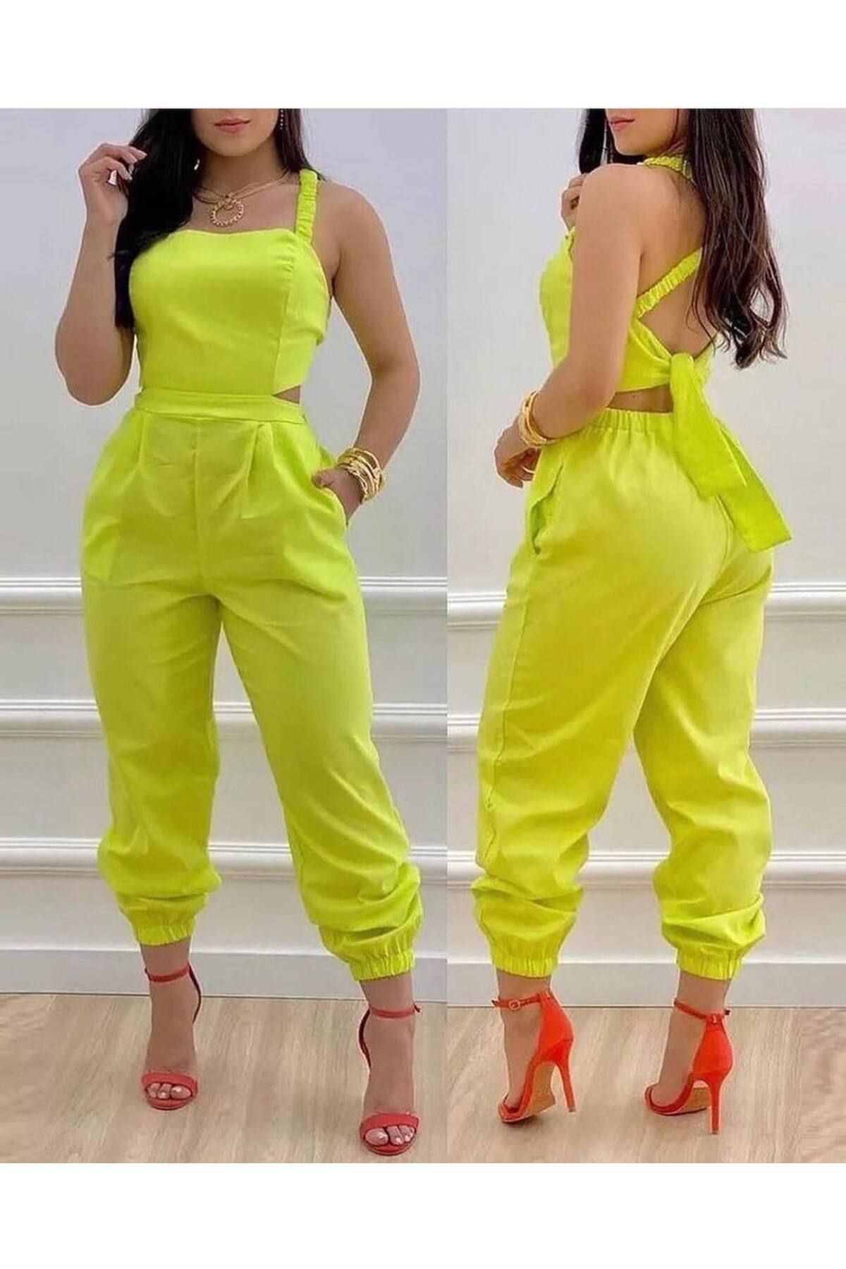 NHMODA Çapraz sırt bağlamalı askılı pensli beli oturan paçası lastikli tulum