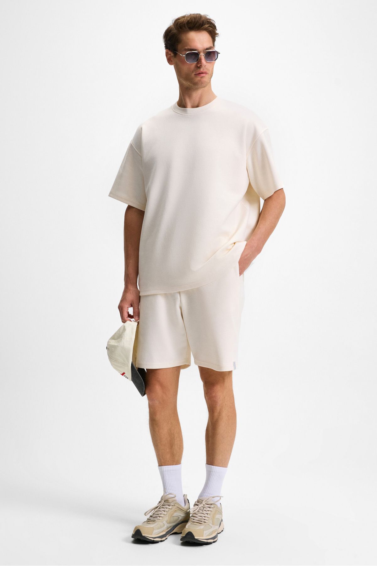 GRIMELANGE-Bailey Men's Relaxed Fit Ecru Shorts with Elastic Waist and Back Single Pocket Cord 4