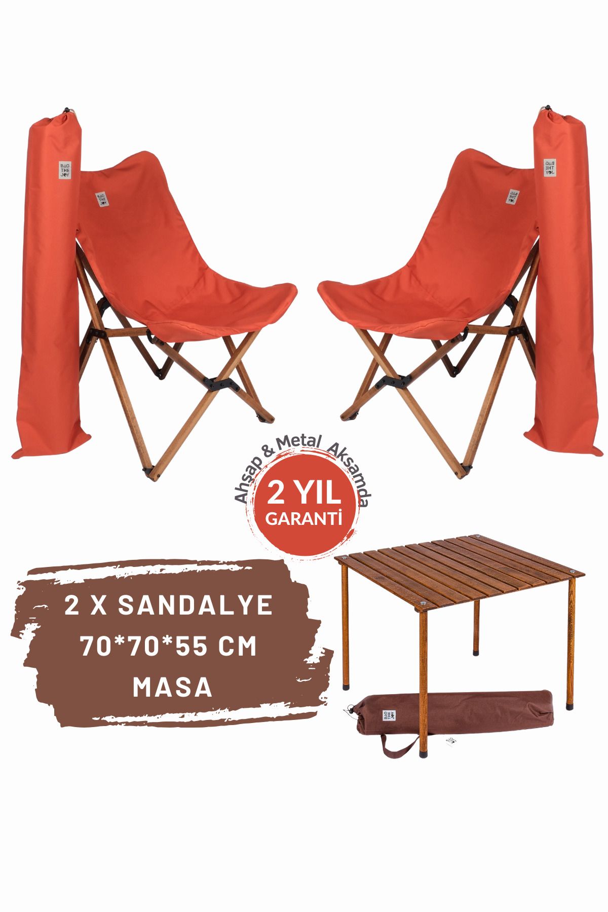 Bag The Joy Ahşap Katlanır Masa Sandalye Seti Kahverengi Iskelet Kiremit Kılıf -70x70x55 Kahverengi Masa