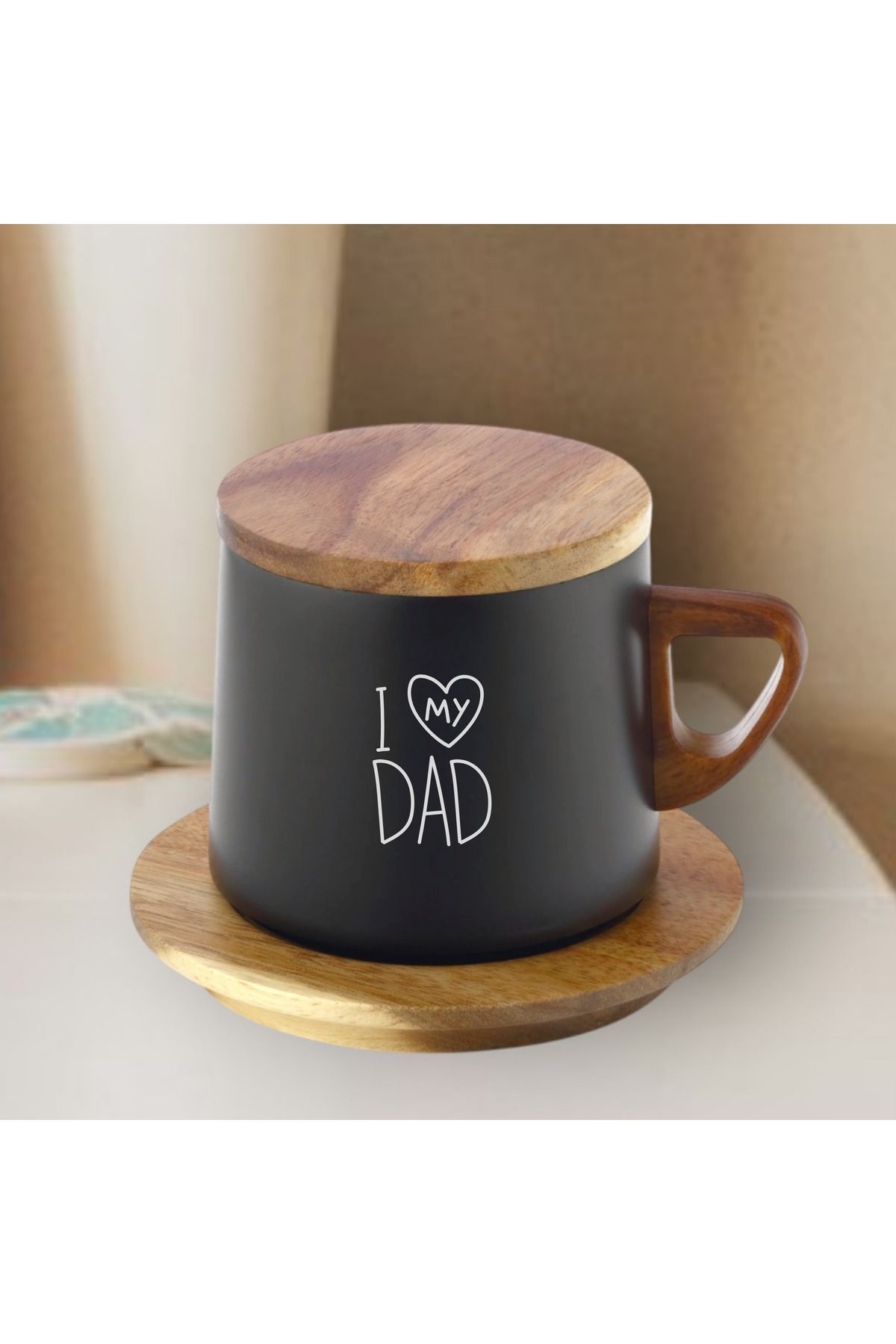HippoDeco Babalar Günü Hediyesi Termos – Ahşap Kapaklı, Siyah Çelik, I Love My Dad Yazılı