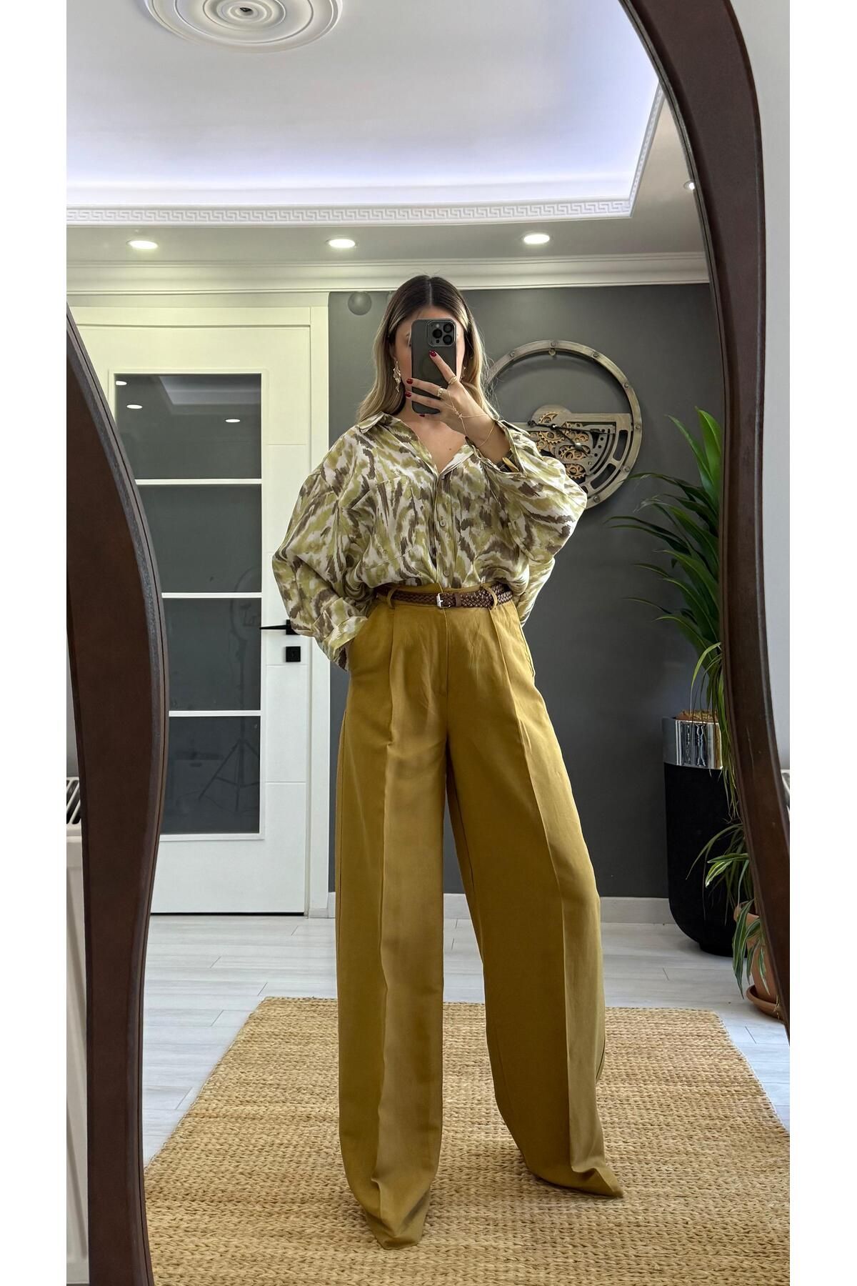 SEVİNÇ GÜNGÖR Keten palazzo pantalon yeşil