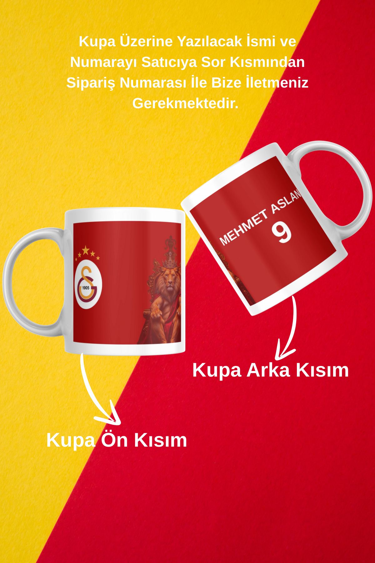 zerhome Sarı Kırmızı Aslan Kişiye Özel Taraftar Beyaz Porselen Kupa Bardak