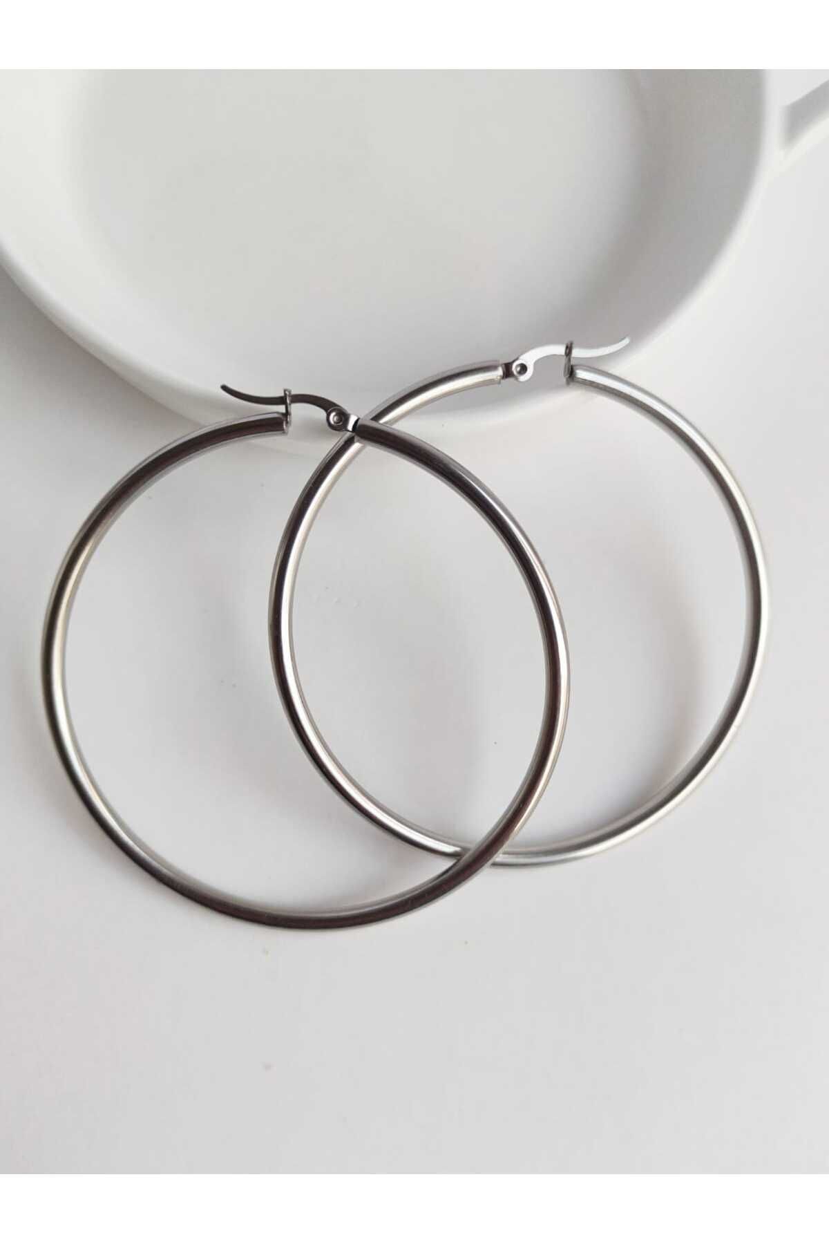 MoS JEWELLERY Gümüş Renk Büyük Boy Halka Küpe - Paslanmaz Çelik