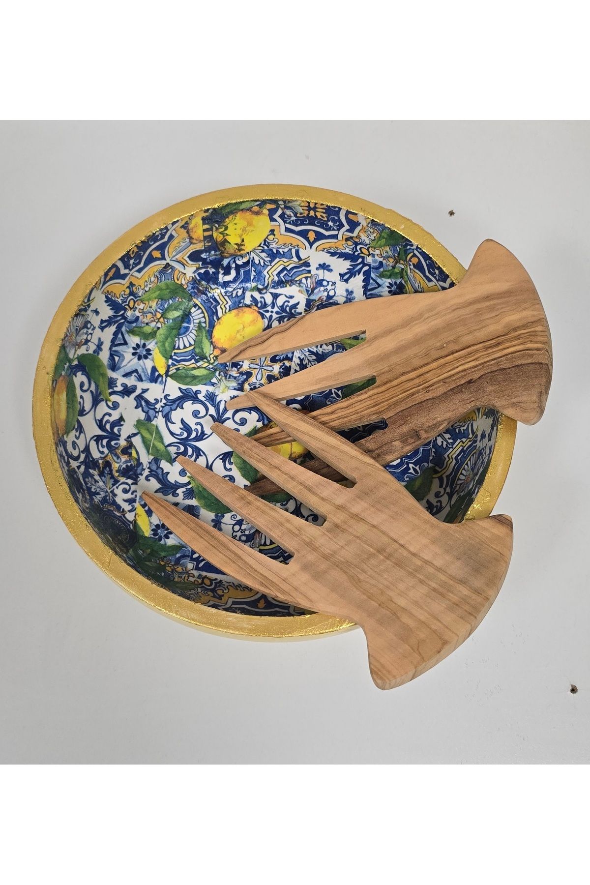 elayarts El yapımı ve boyaması limon desenli salata kasesi