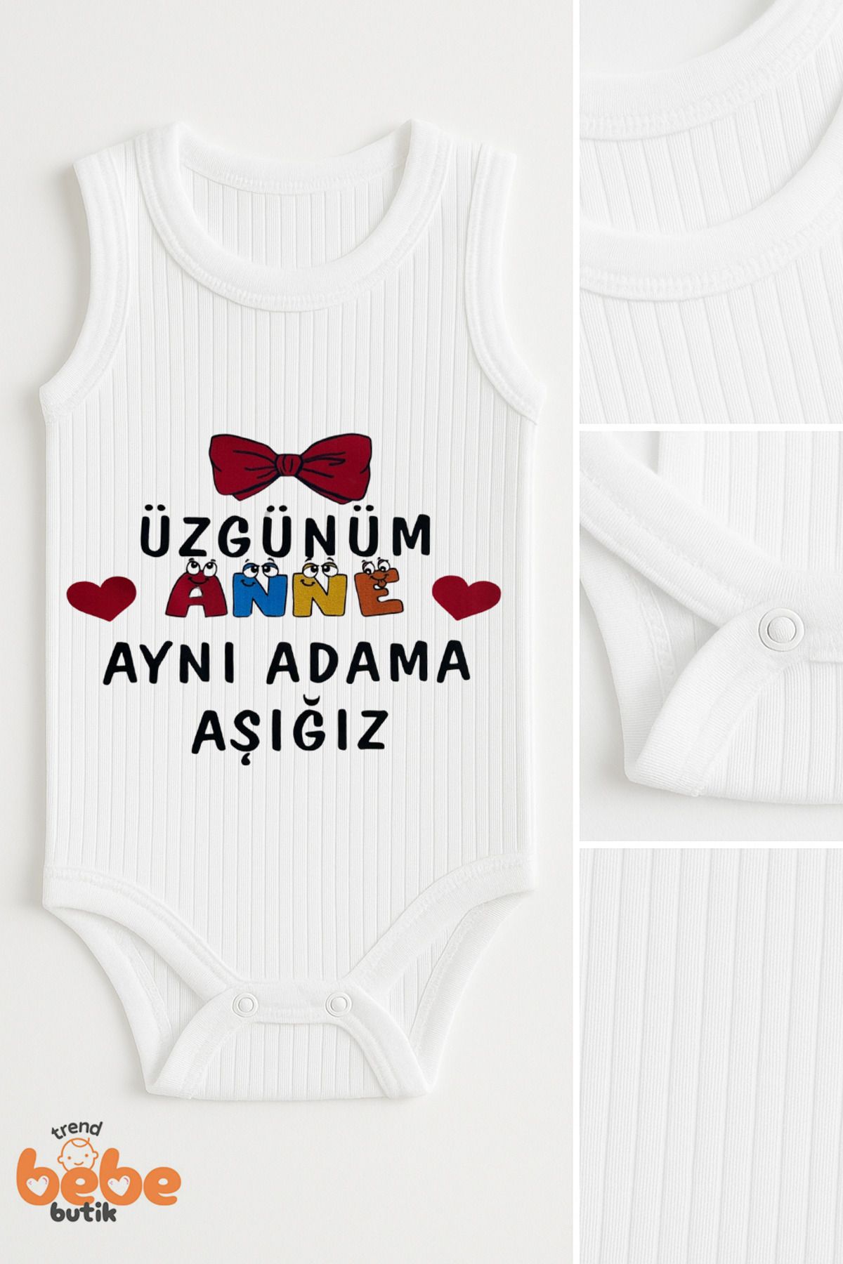 Trend Bebe Butik Üzgünüm Anne Aynı Adama Aşığız Yazılı Kız Bebek Çıtçıtlı Zıbın Body %100 Pamuk Yazlık Atlet Tulum