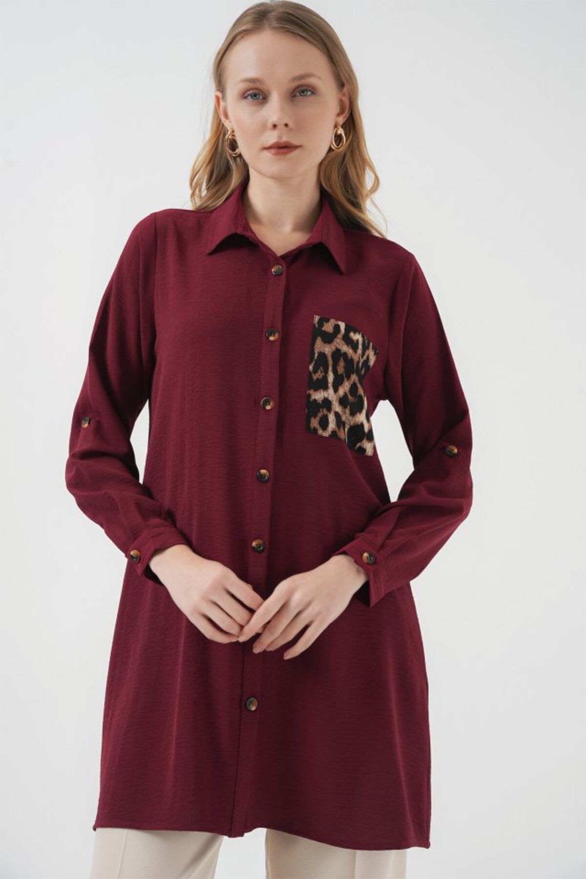 ASFSTORE 5851 Cep Detaylı Gömlek Tunik - Bordo