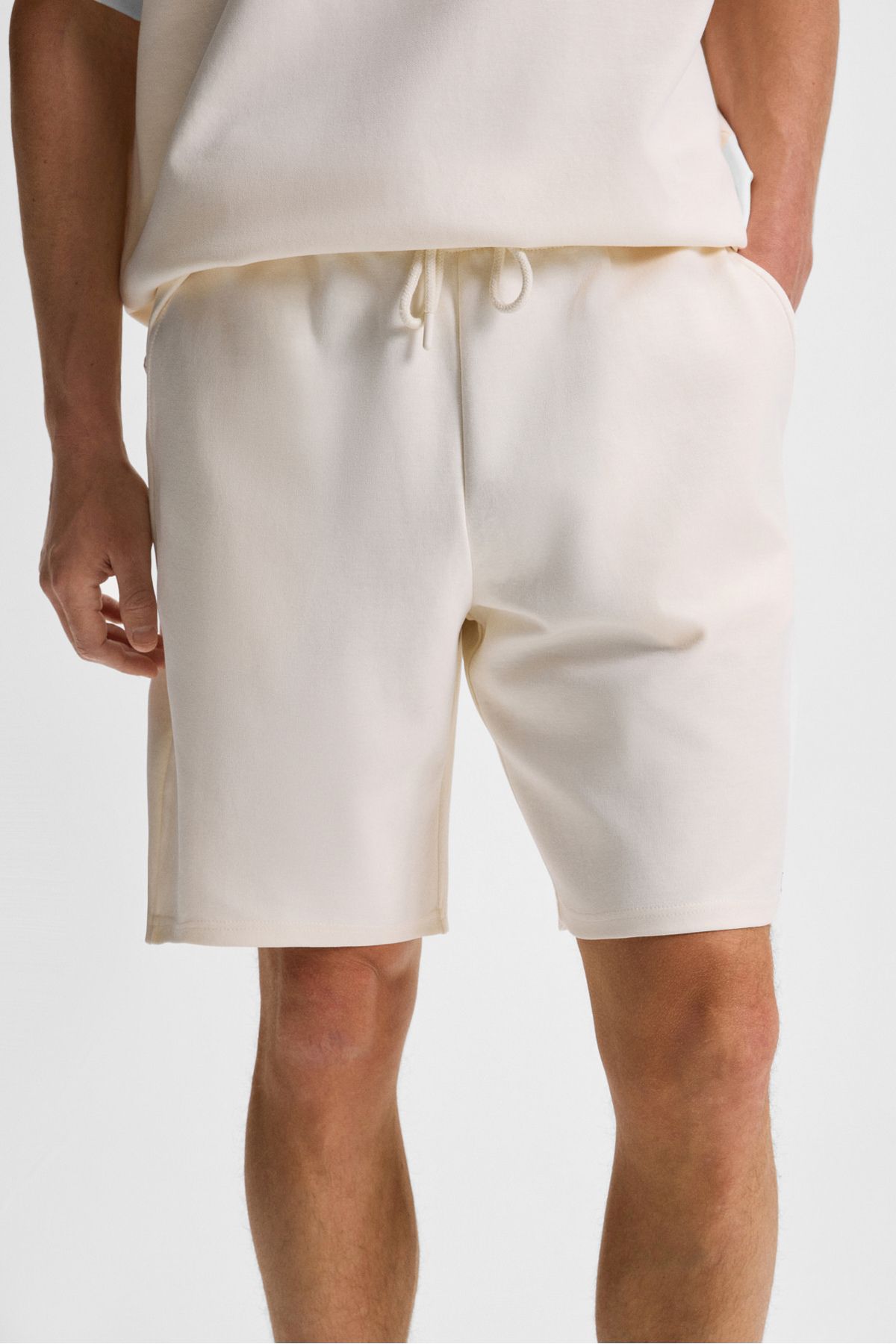 GRIMELANGE-Bailey Men's Relaxed Fit Ecru Shorts with Elastic Waist and Back Single Pocket Cord 2