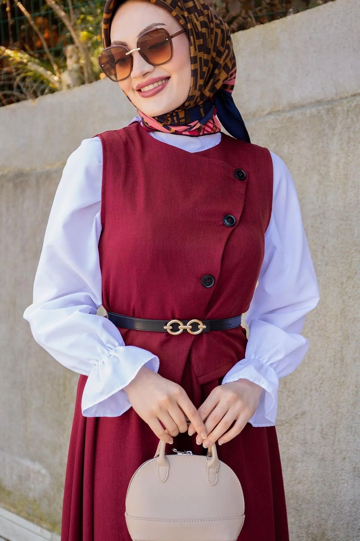 Trendy Butik Kadın Ally Keten Yelek Etek Takım-Bordo