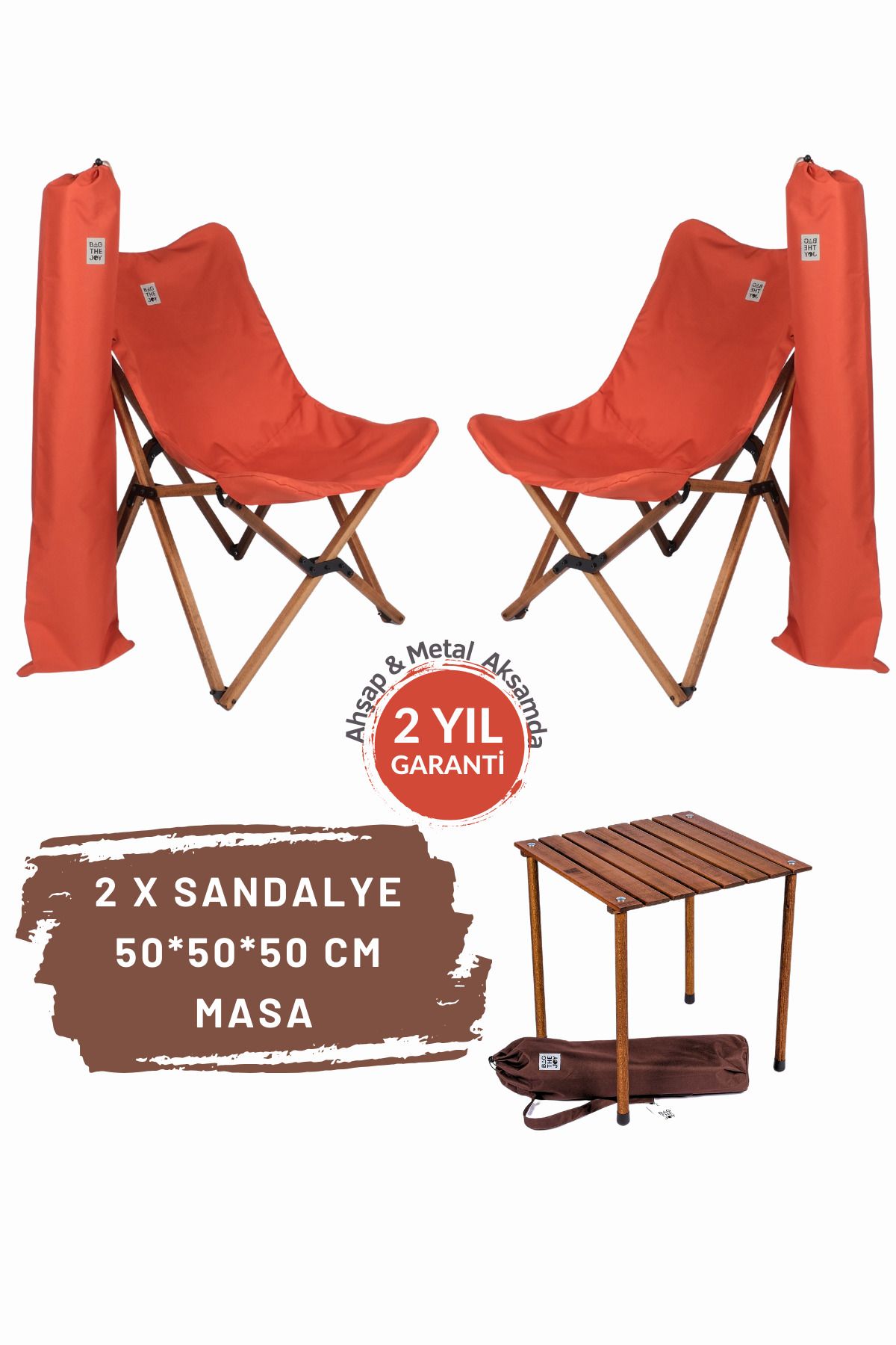 Bag The Joy Ahşap Katlanır Masa Sandalye Seti Kahverengi Iskelet Kiremit Kılıf -50x50x50 Kahverengi Masa