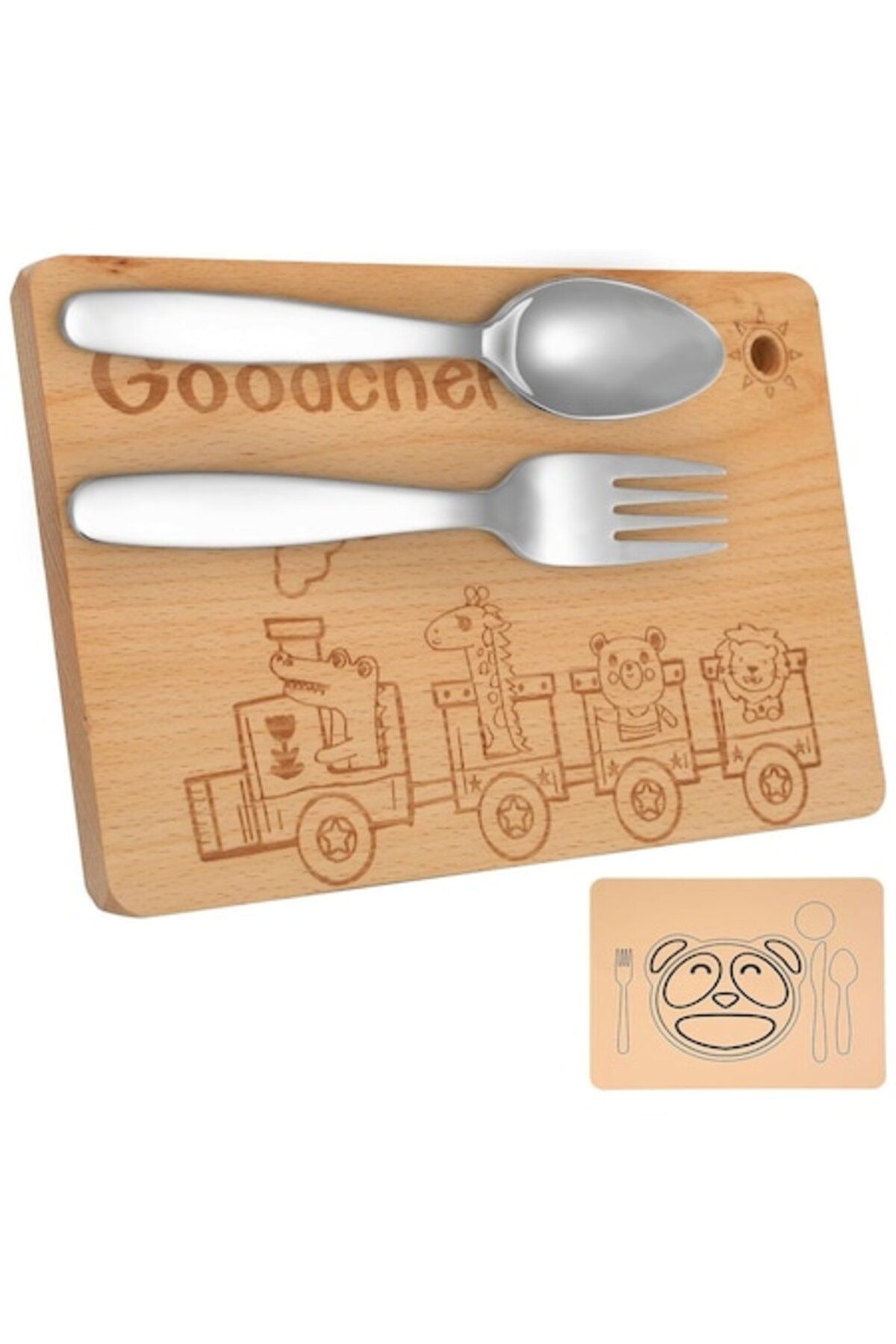 DELPI Set Tacamuri Pentru Copii Din Inox, Cu Suport Pentru Farfurie Din Silicon Și Tocator De Lemn Gravat - One Size