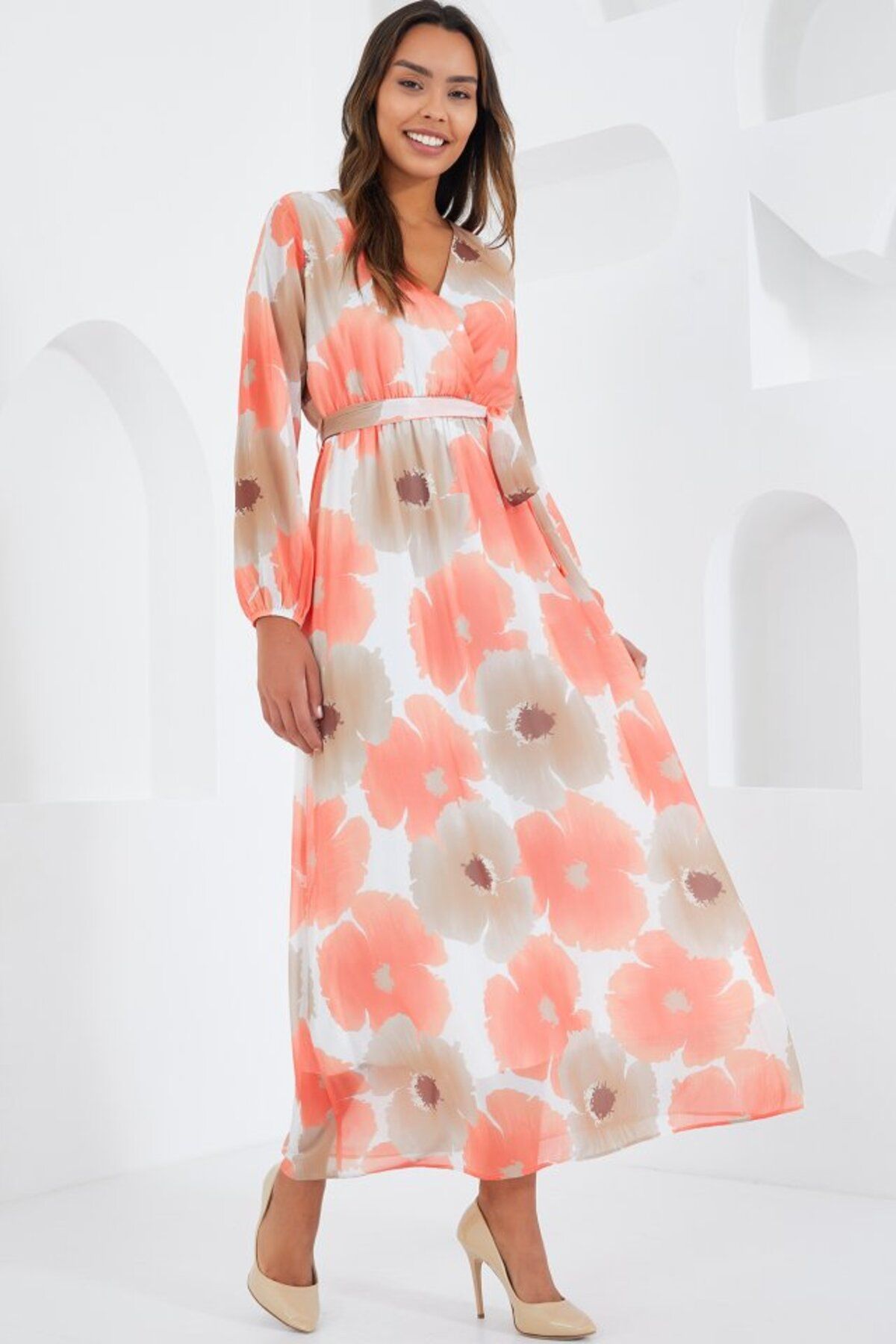 modaserdem-Orange Beige Floral Patterned Chiffon Dress 2134 7