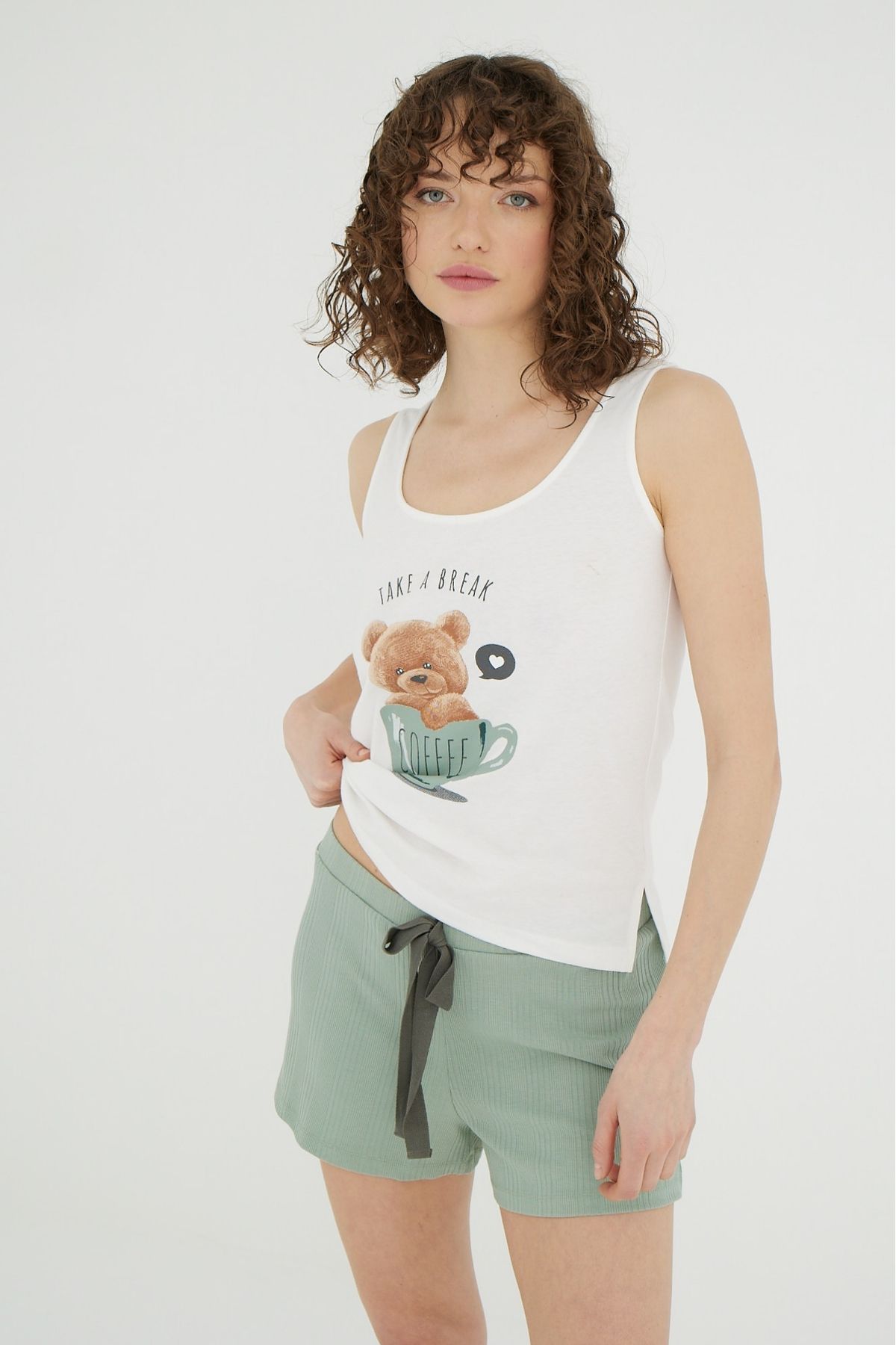 İPEKTENİM Sevimli Ayıcık Baskılı Atlet Şort Pijama Takımı