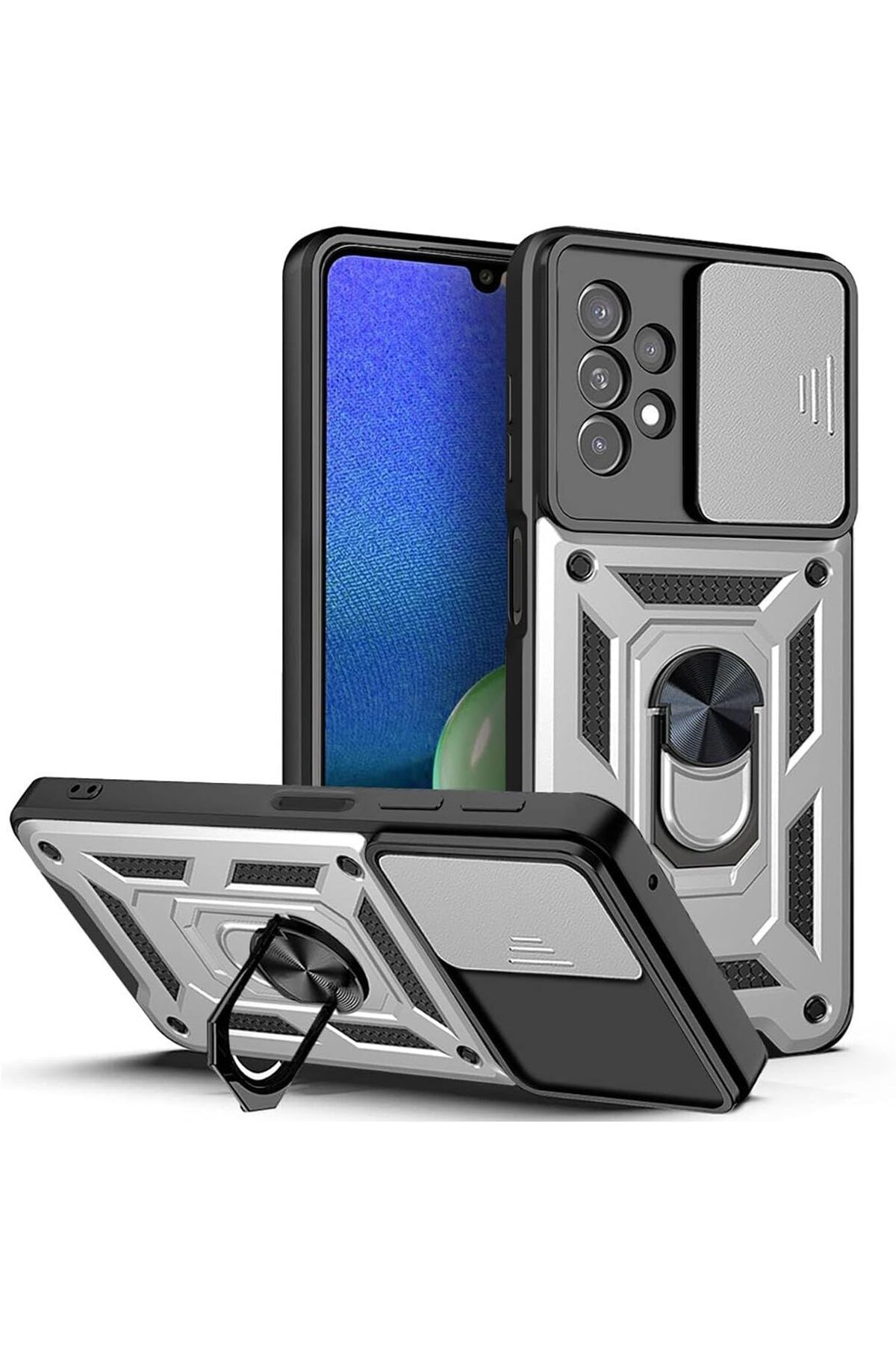 Rivor Samsung Galaxy A73 Uyumlu Kılıf Kamera Sürgülü Standlı Yüzüklü Darbe Emici Zırh Koruyucu Tank Kapak