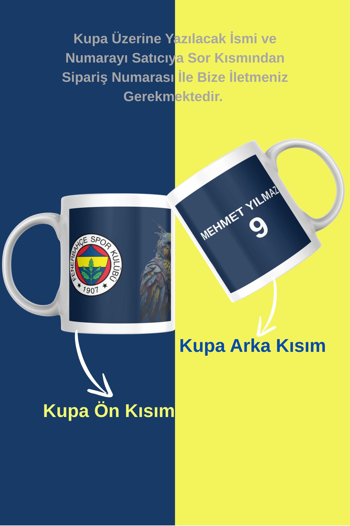 zerhome Sarı Lacivert Kanarya Kişiye Özel Taraftar Beyaz Porselen Kupa Bardak
