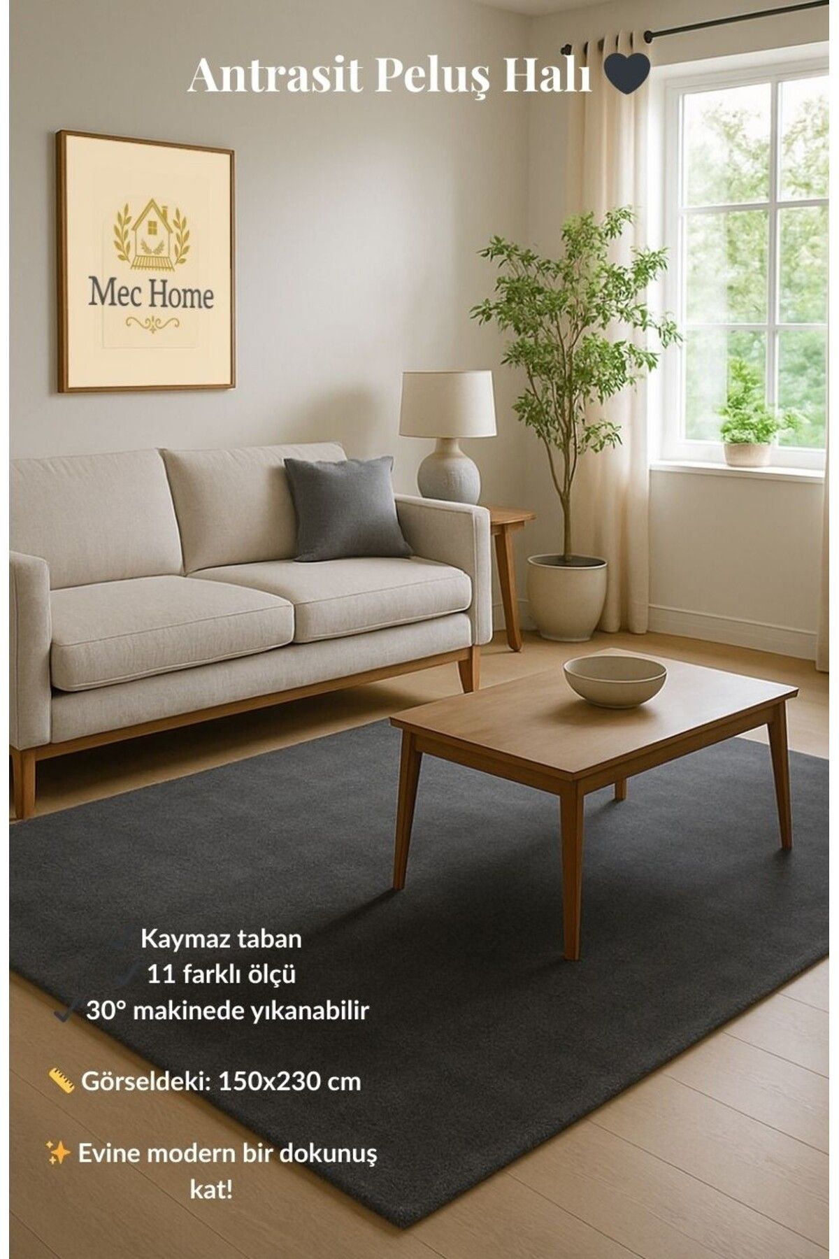 MEC HOME Antrasit Peluş Halı – Kaymaz Taban – Makinede Yıkanabilir – Yumuşak Doku
