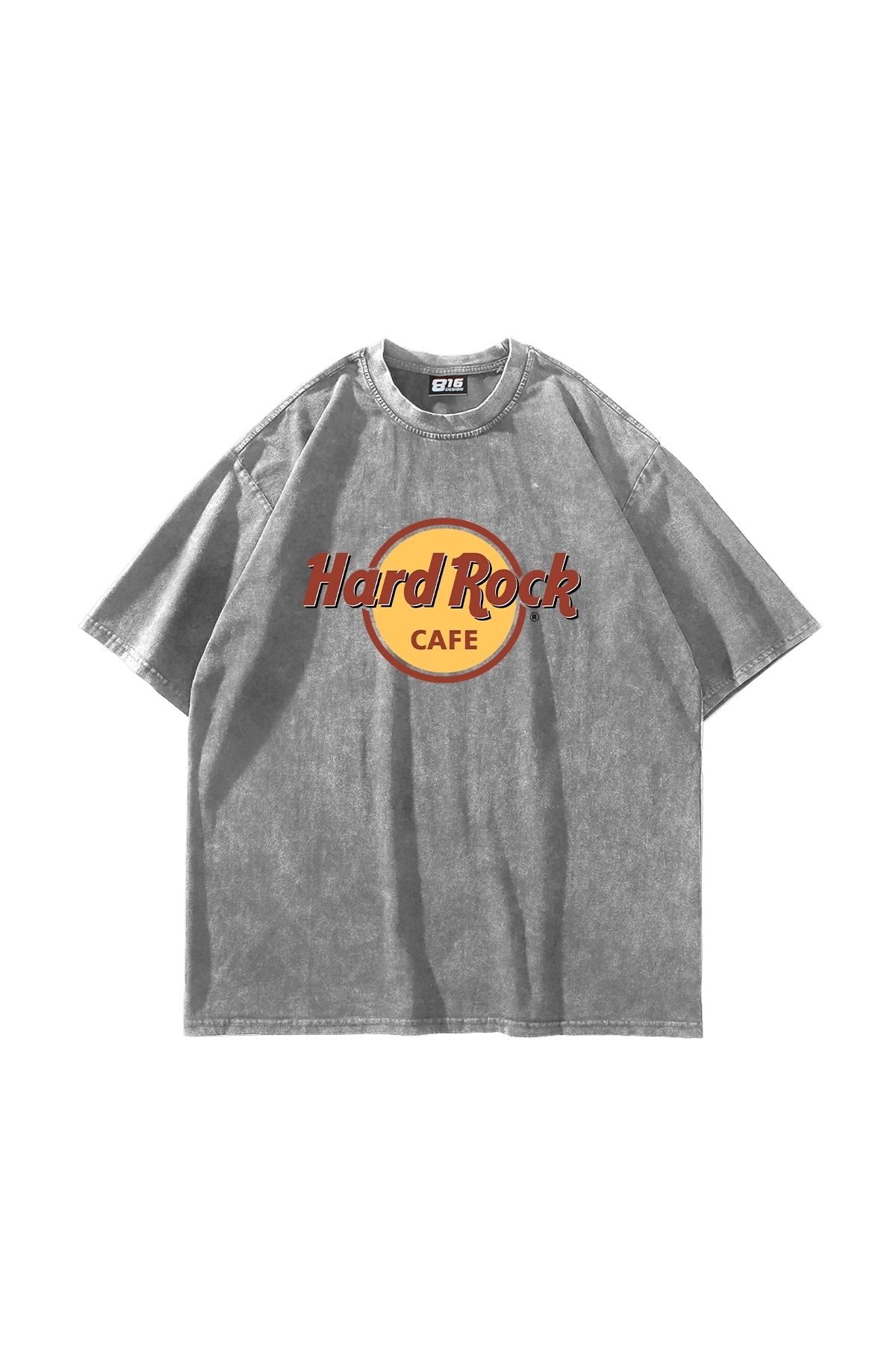 Sekizbiraltı Hard Rock Baskılı Oversize Unisex Yıkamalı Beyaz Tshirt