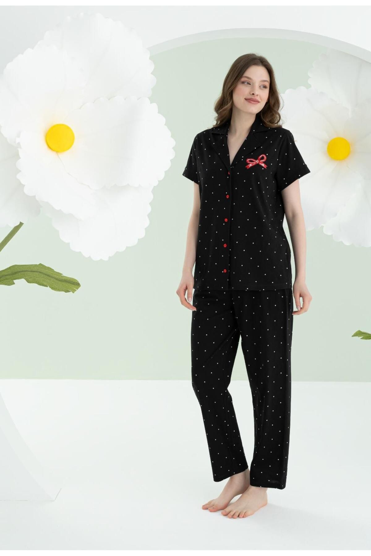 NBB %100 Pamuklu Kadın Siyah Pijama Takım, Puantiyeli