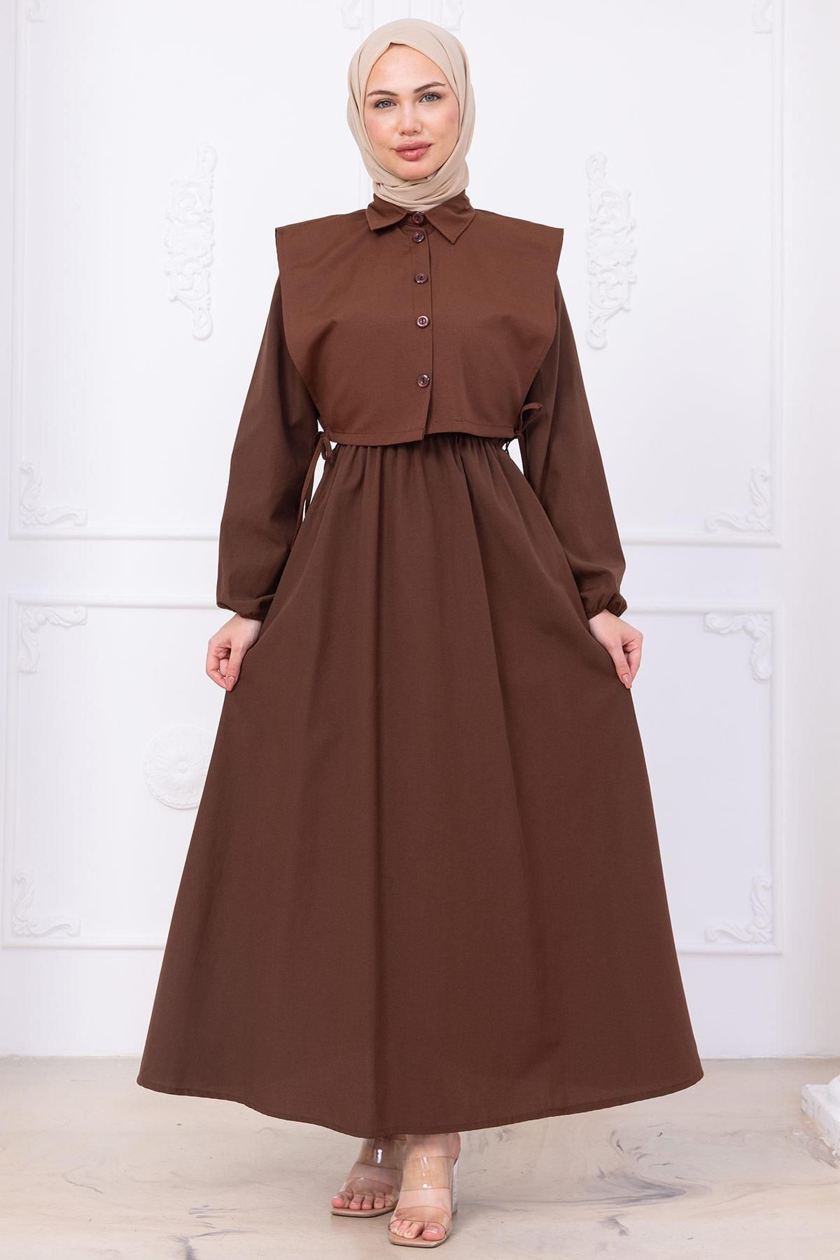 hafsamina Bolerolu Beli Lastikli Elbise Kahverengi HM2756