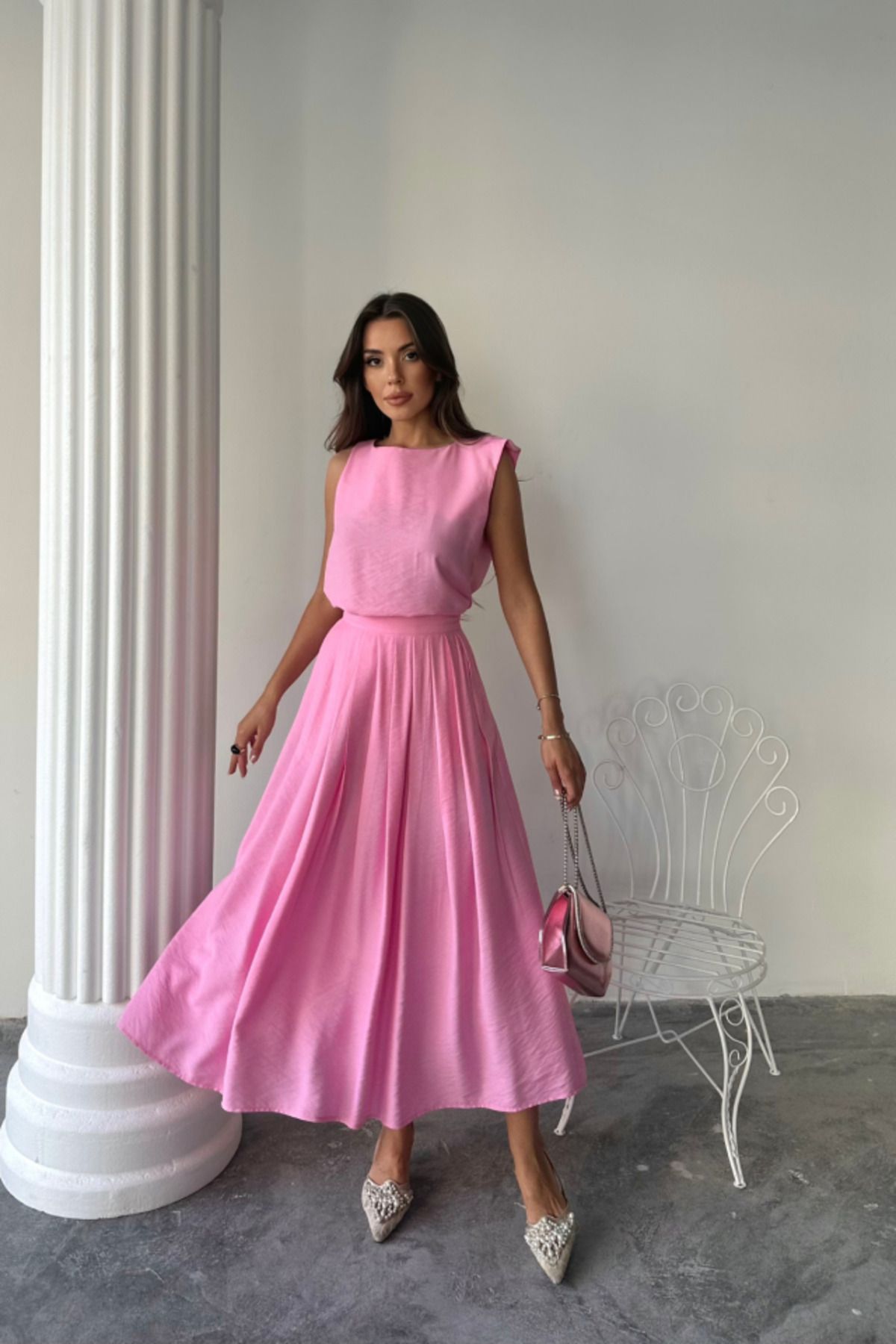 MİRACOTTON KETEN KOLSUZ BLUZ - MAXİ ETEK TAKIM - Pembe