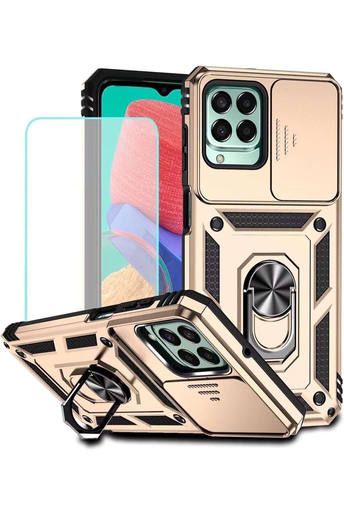 Rivor Samsung Galaxy M33 Uyumlu Kılıf Kamera Sürgülü Standlı Yüzüklü Darbe Emici Zırh Koruyucu Tank Kapak