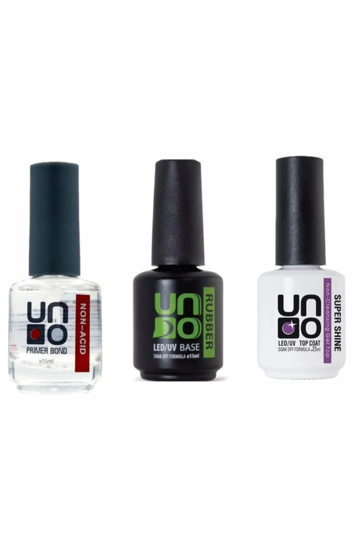 QNAİL PROFESSİONAL Uno rubber base coat 15 ml+Uno Super shine 15 ml+Uno Non-Acid Primer Bond 15 Ml Primer