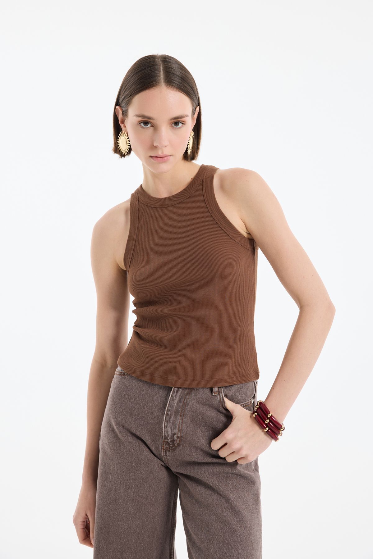 Quzu Halter Yaka Basic Fitilli Atlet Kahverengi