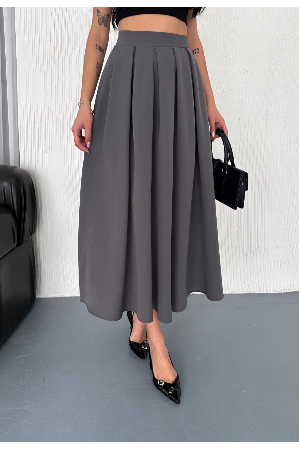 Winmoda34  KADIN DABIL KUMAŞ PİLELİ 86 CM TAM BOY UZUN ETEK - Görsel 4