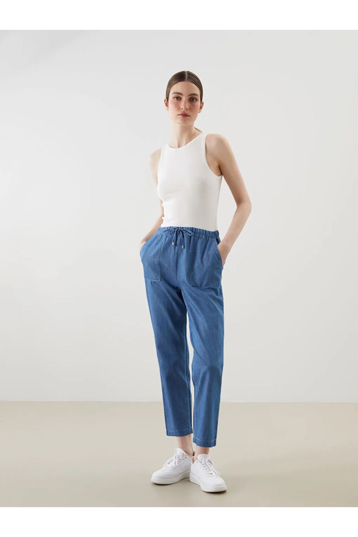 LC Waikiki LCWAIKIKI Classic Indigo Beli Lastikli Wideleg Kadın Jean Pantolon