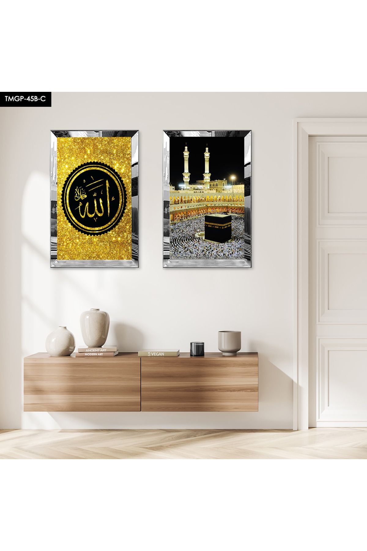 Zevahir Mobilya Dekorasyon GÜMÜŞ AYNALI PLEKSİ ÇERÇEVELİ ALTIN ALLAH LAFZI VE KABE DİNİ İKİLİ MDF TABLO SETİ