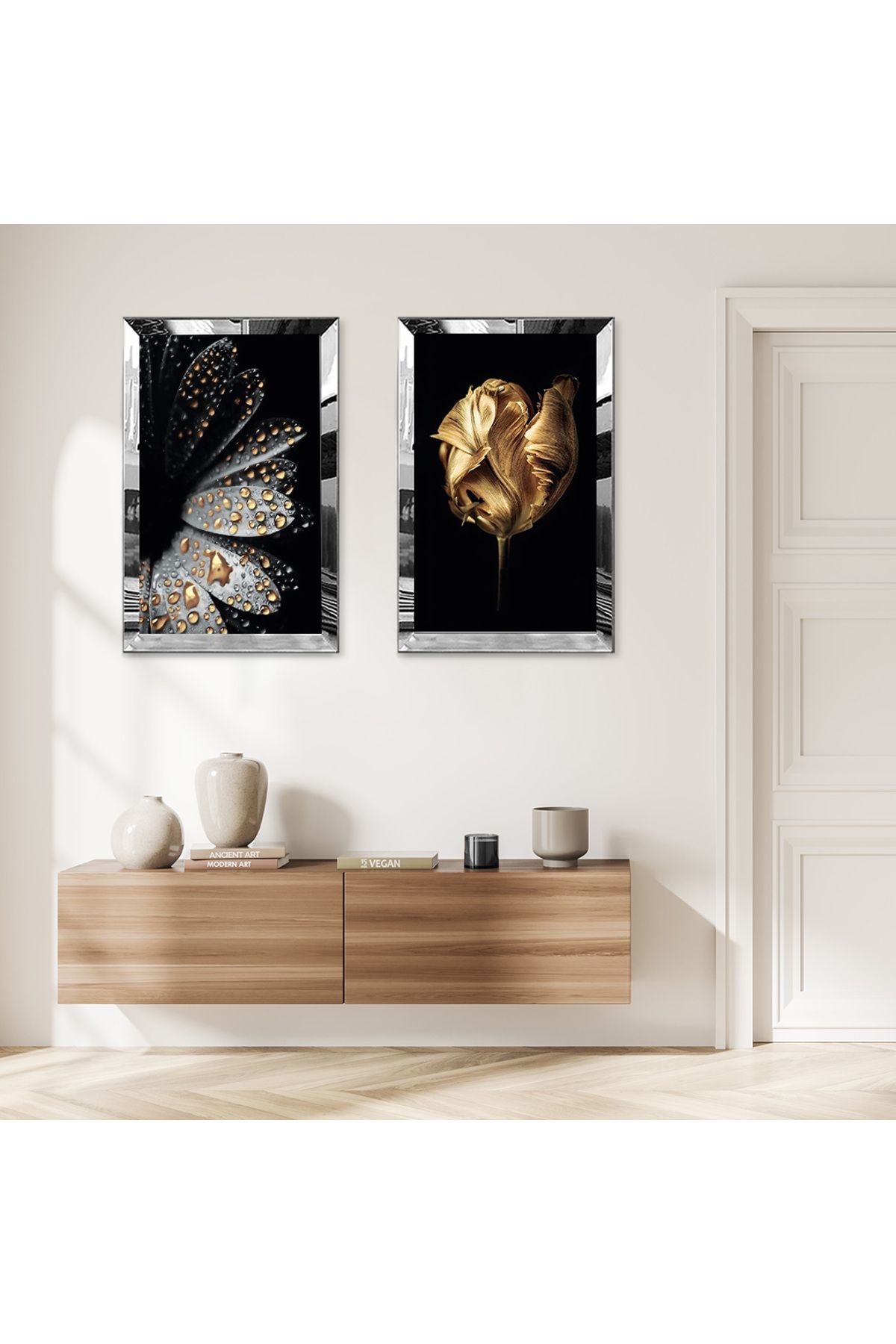 Zevahir Mobilya Dekorasyon GÜMÜŞ AYNALI PLEKSİ ÇERÇEVELİ GOLD VE GRİ ÇİÇEK VE GOLD SU DAMLACIĞI İKİLİ MDF TABLO SETİ