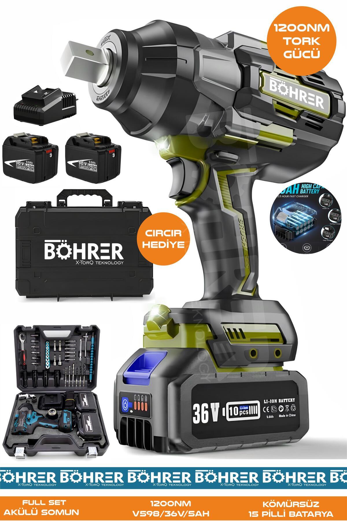 BÖHRER Alman BA01072S Akülü Somun Sıkma Makinesi | 1200 Nm Tork – 36V 5Ah | Darbeli Lokma – Ağır Hizmet Tip