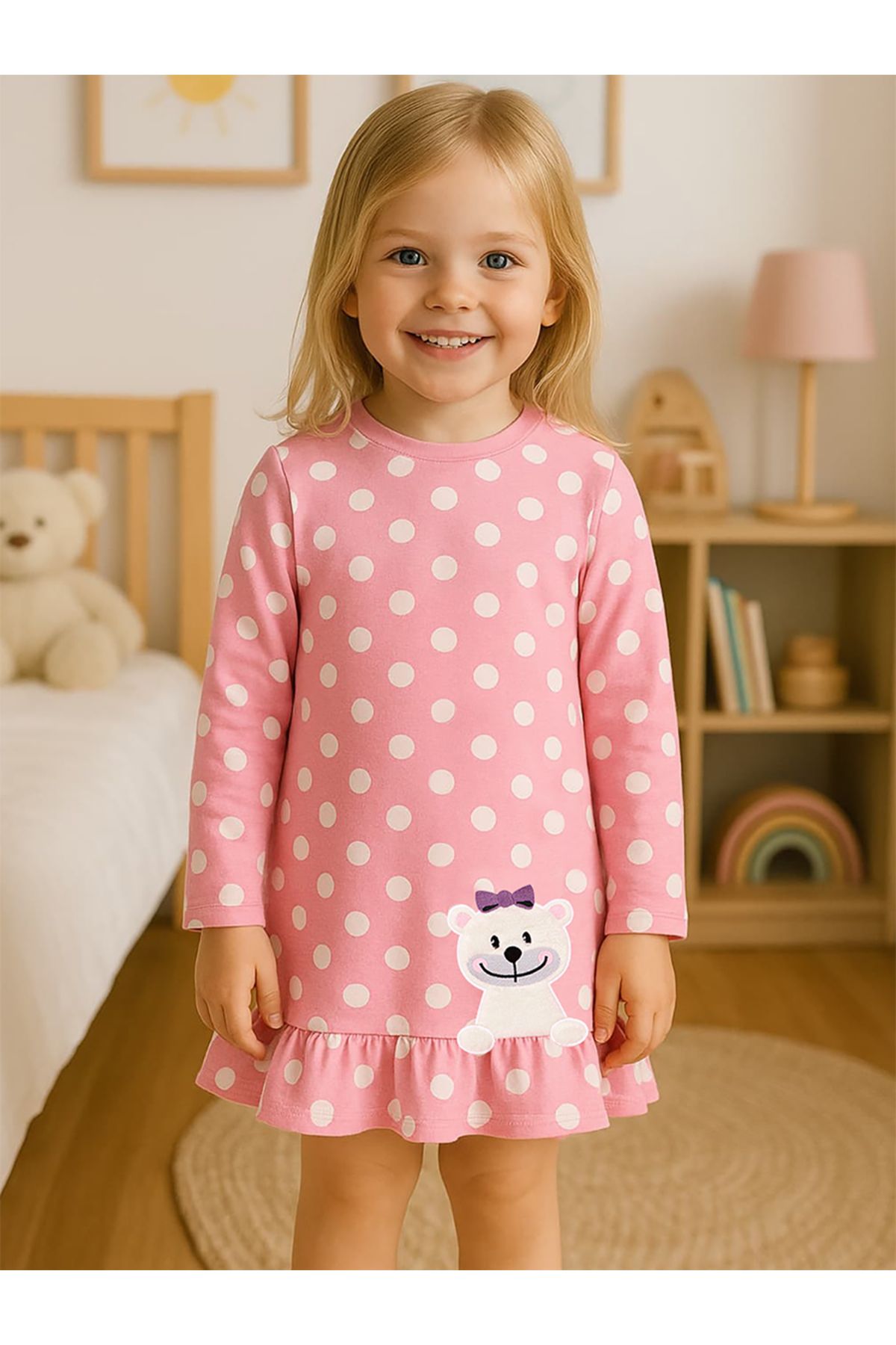 Denokids Różowa Sukienka Dla Dziewczynki Z Misiem W Kropki Kobieta - 6–12 months