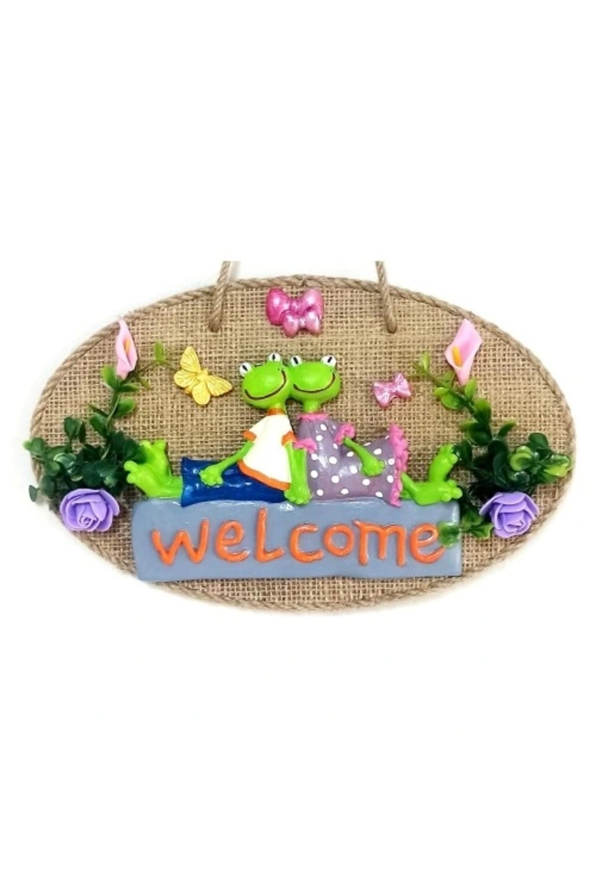 ShopNova Yeşil Sevimli Kurbağa Çift Welcome Yazılı Kelebekli Kapı Süsü