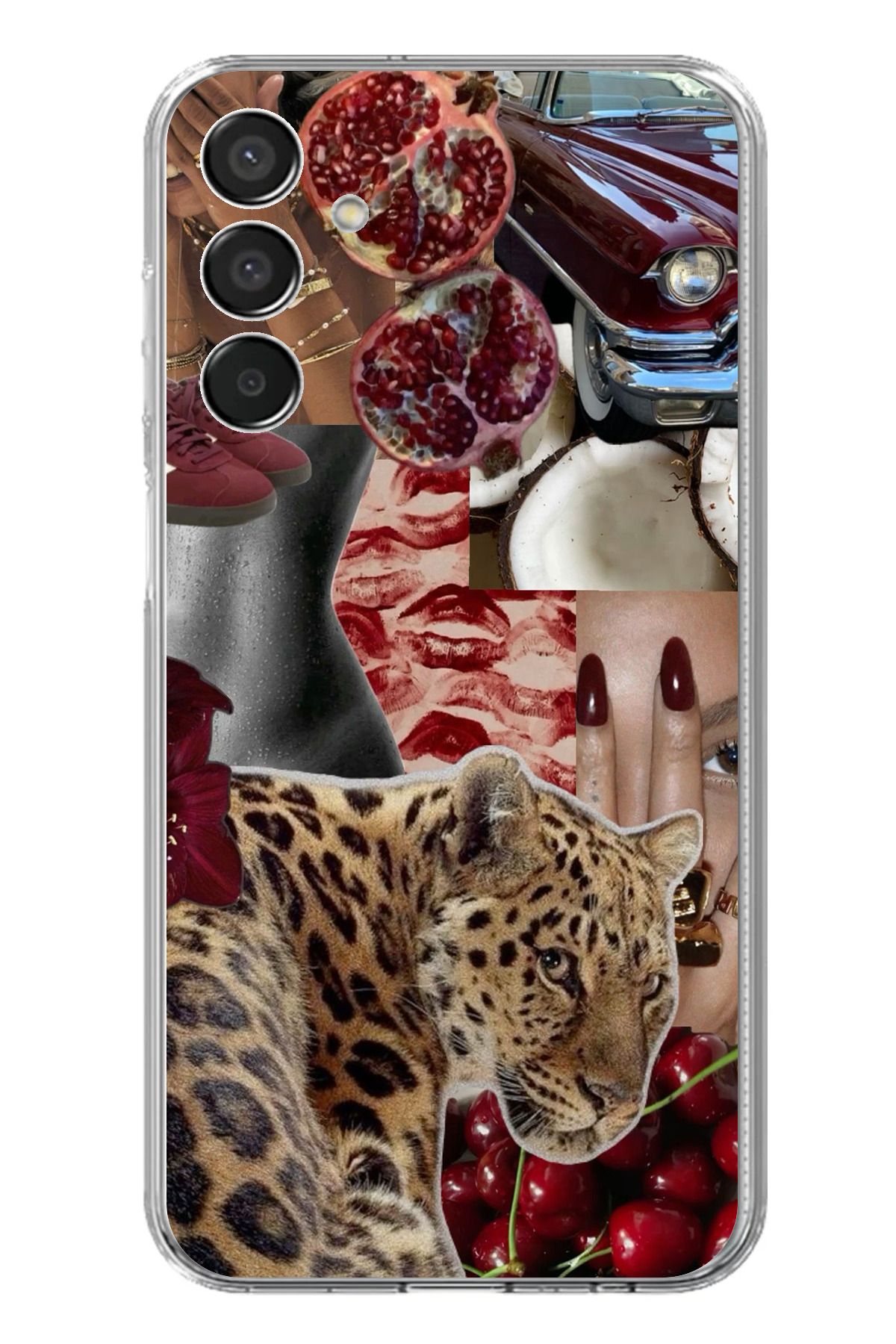 TechTree Samsung Galaxy M15 Uyumlu Leopar Kırmızı Vibes Şeffaf Silikon Kılıf