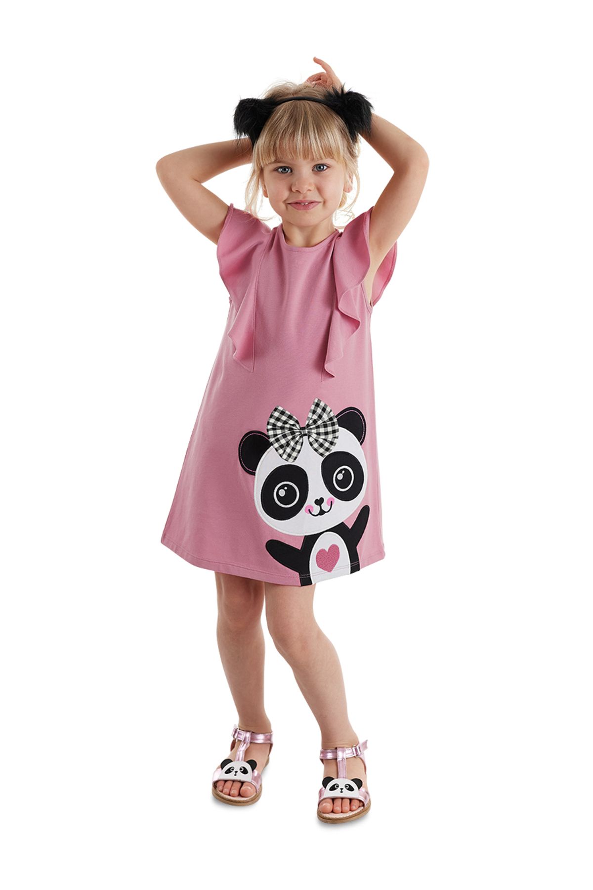 Denokids Różowa Letnia Sukienka Dla Dziewczynki Z Falbaną W Kształcie Pandy Kobieta - 3 years old